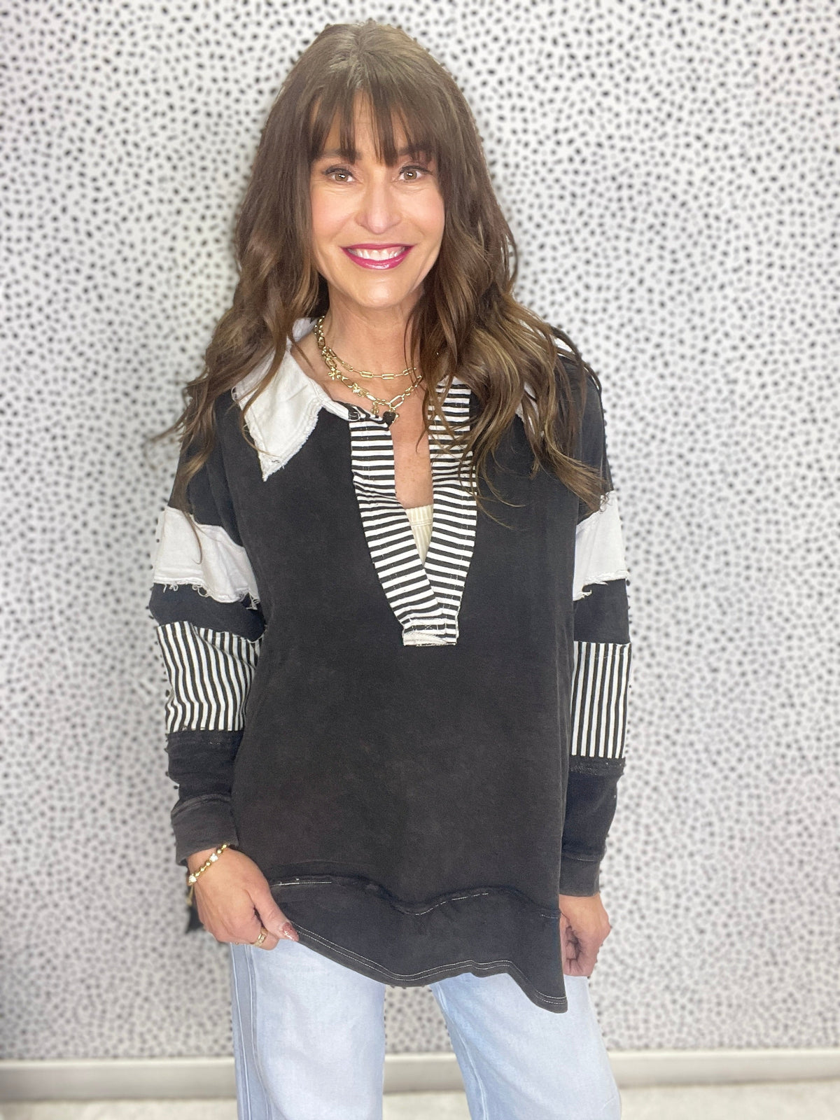 Cherished Dreams Washed Multi Fabric Collar T-Shirt In Black *Final Sale*