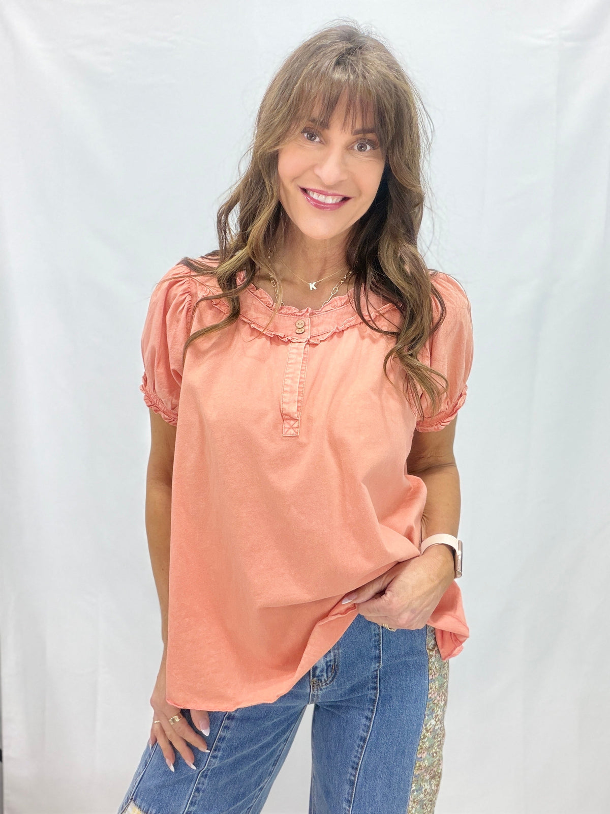 Ruffle Mineral Wash Top In 2 Colors