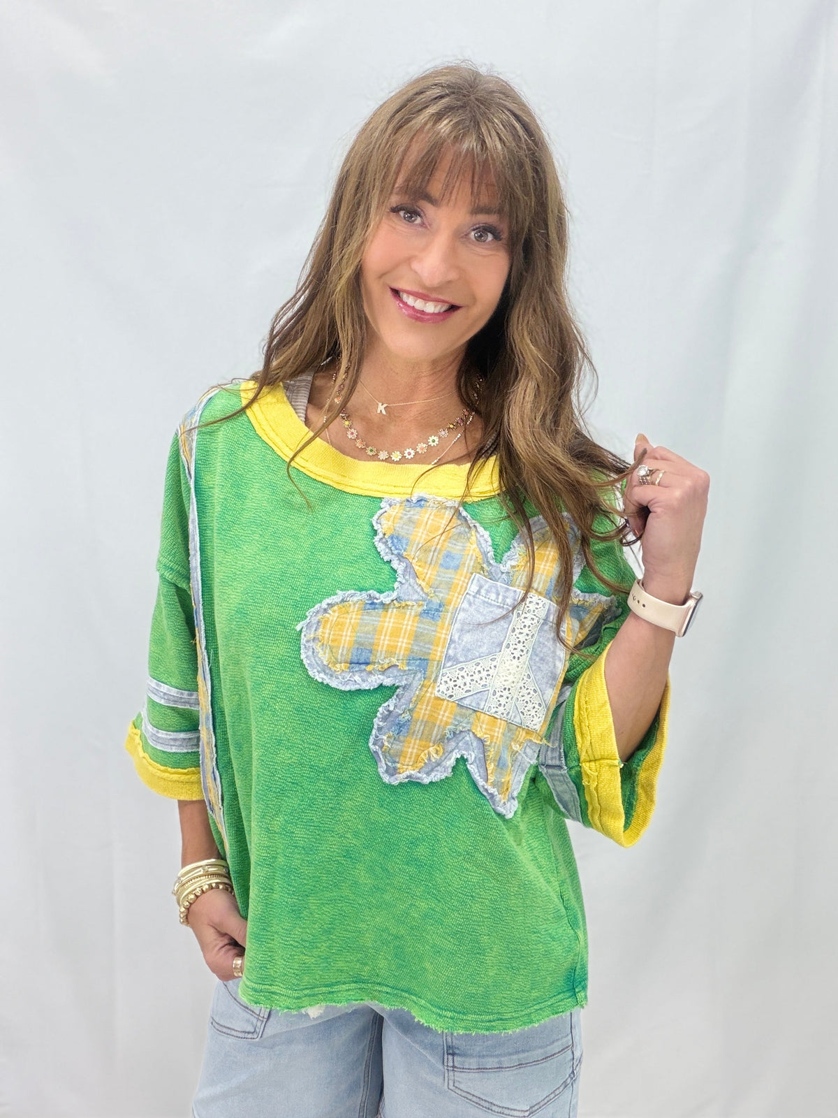 Oli & Hali Boho Bloom Patchwork Knit Top In 2 Colors