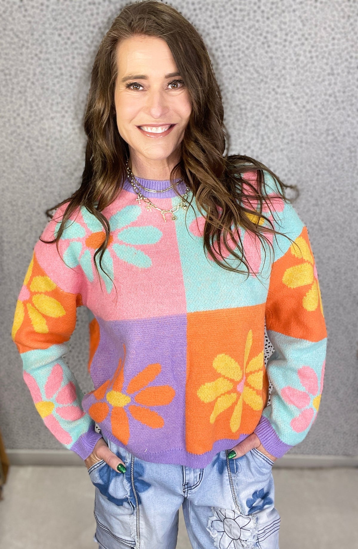 Happy Girl Flower Color Block Sweater In 3 Colors *Final Sale*