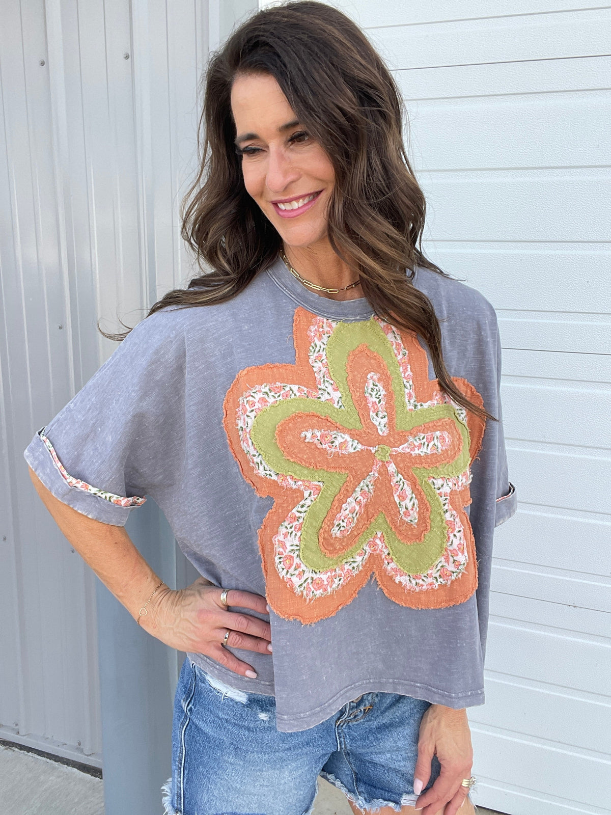 Bloom With Love Flower Patch Top In 6 Colors: Cream, Khaki, Slate, Magenta, Green, Pink *Final Sale*