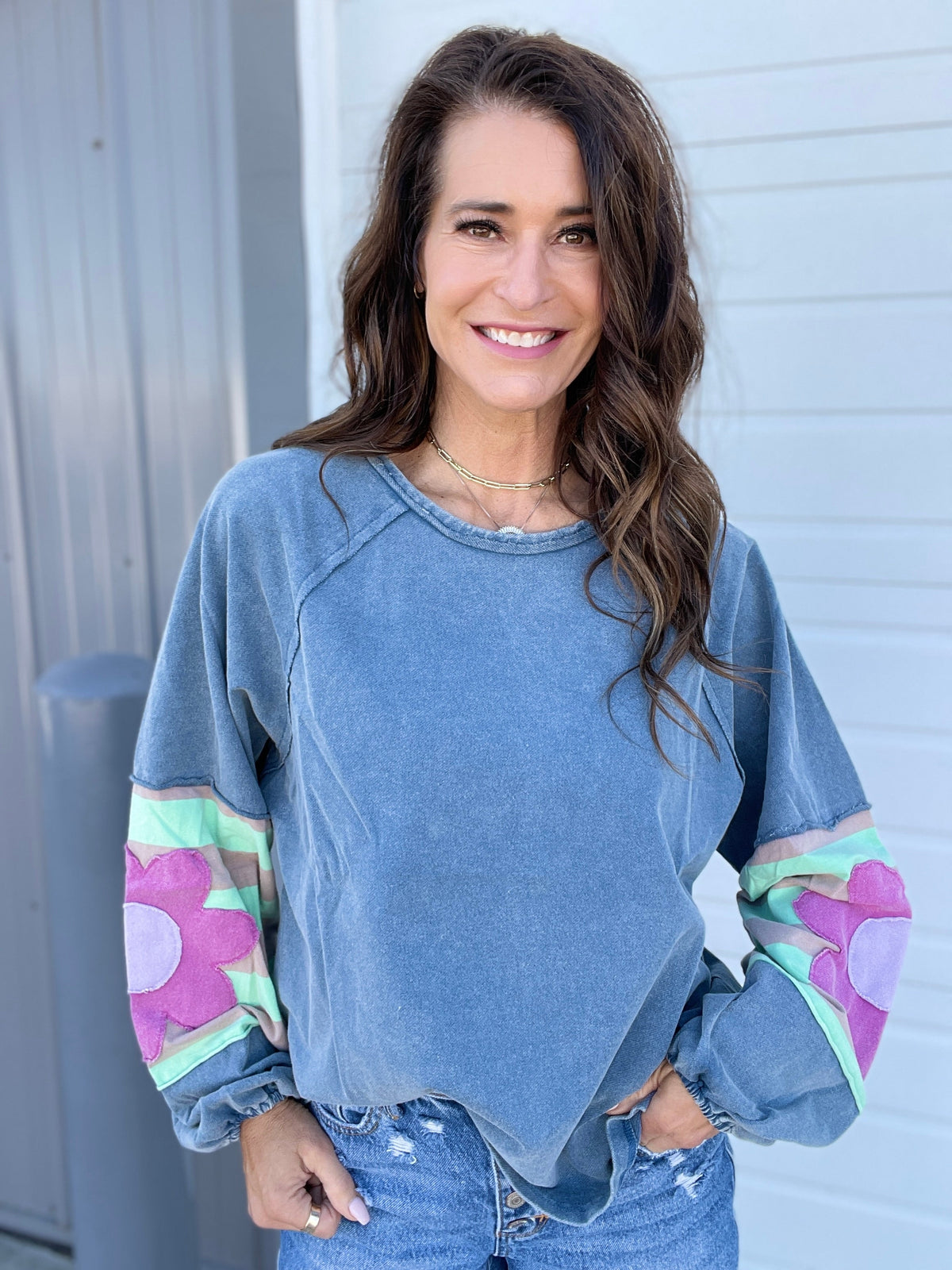 Faded Floral Patch Terry Knit Mineral Washed Long Sleeve Pullover in 4 Colors