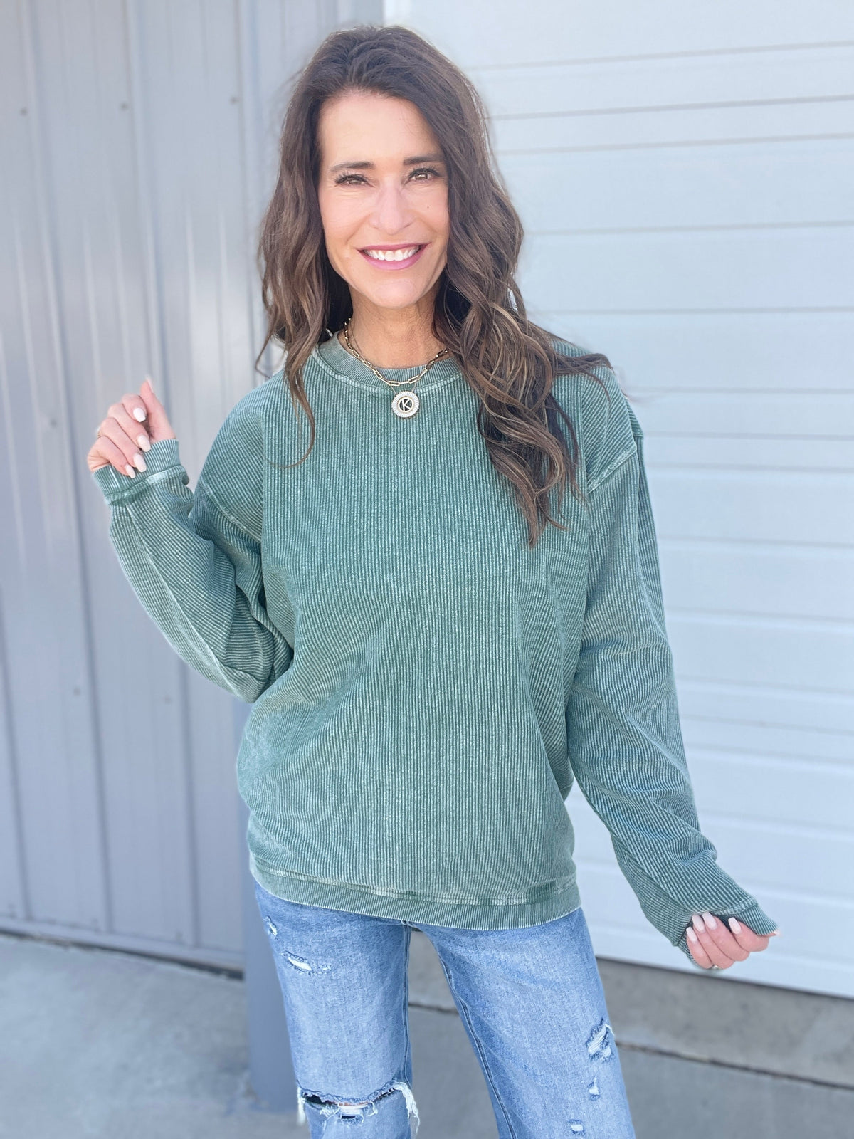 Forest Green Snow Washed Corded Crewneck Pullover Sweatshirt