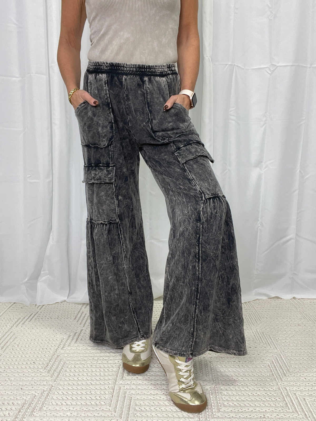 Living My Life Cargo Flare Pants In Ashed Black *Final Sale*