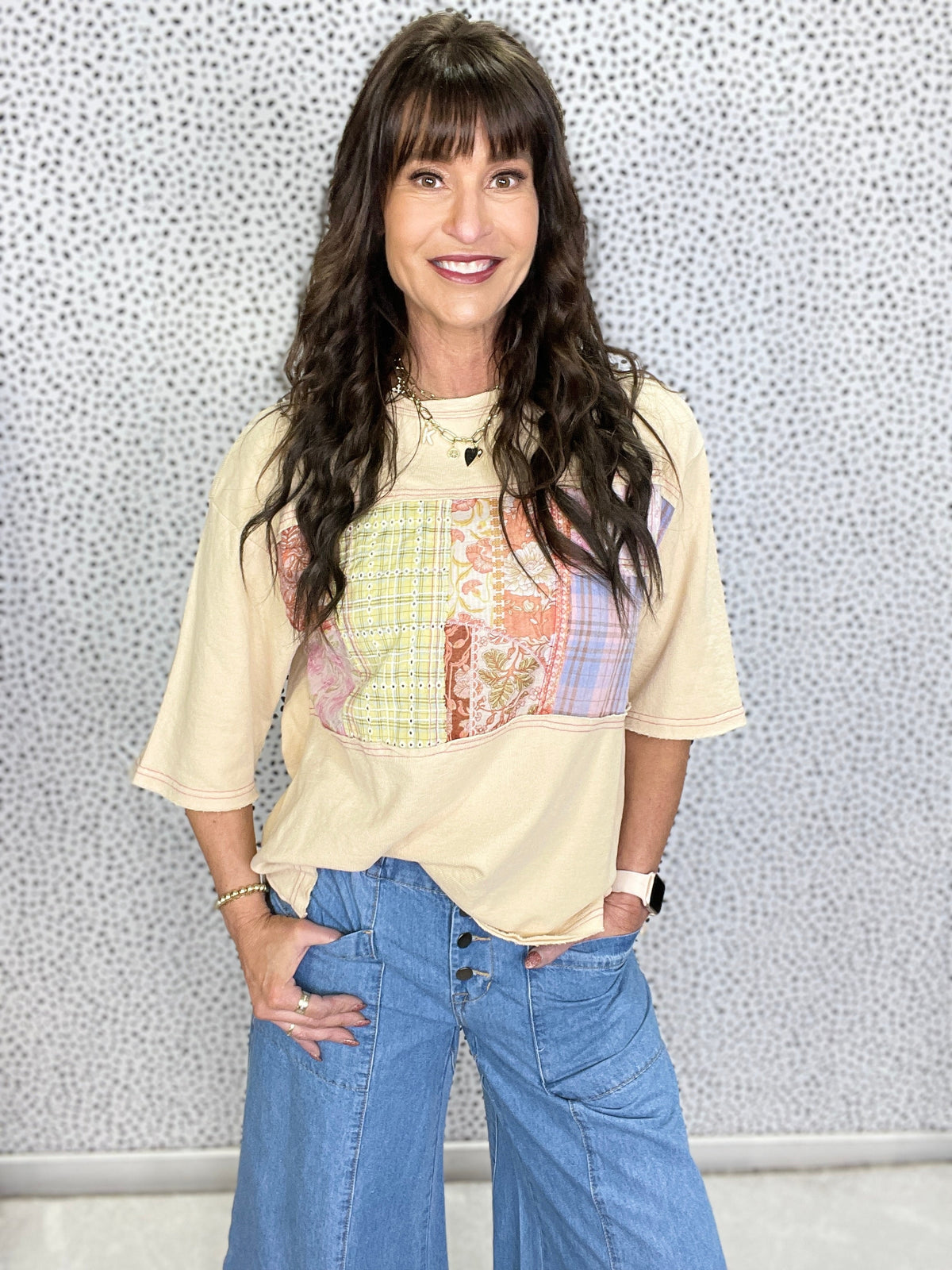 With Ease Print Mix Rib Knit Top In Sand