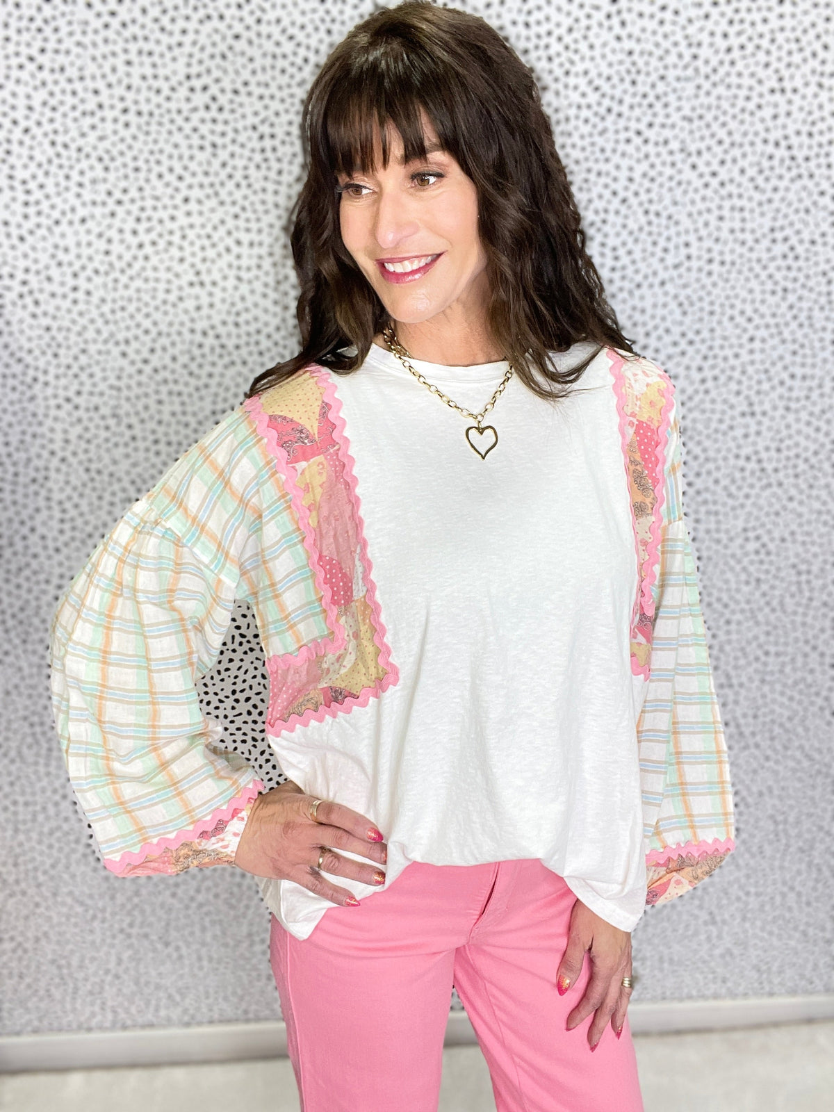 Work And Play All Day Long Sleeve Print Mix Top In 2 Colors