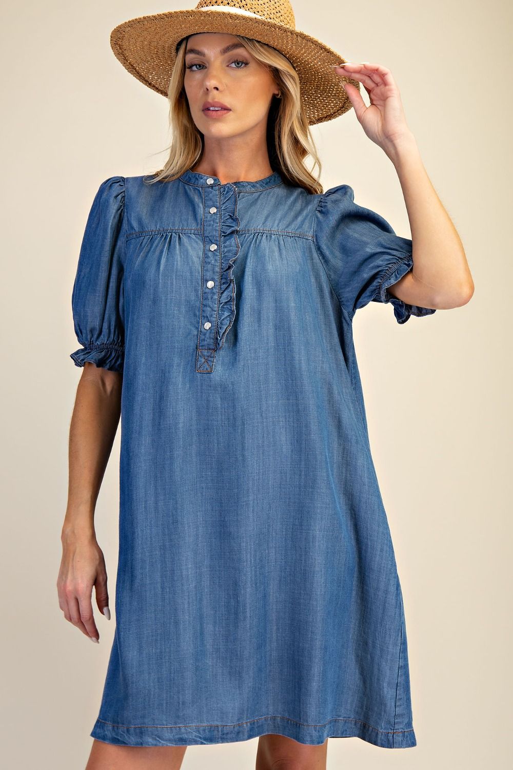 Button Front Washed Denim Dress In 2 Colors