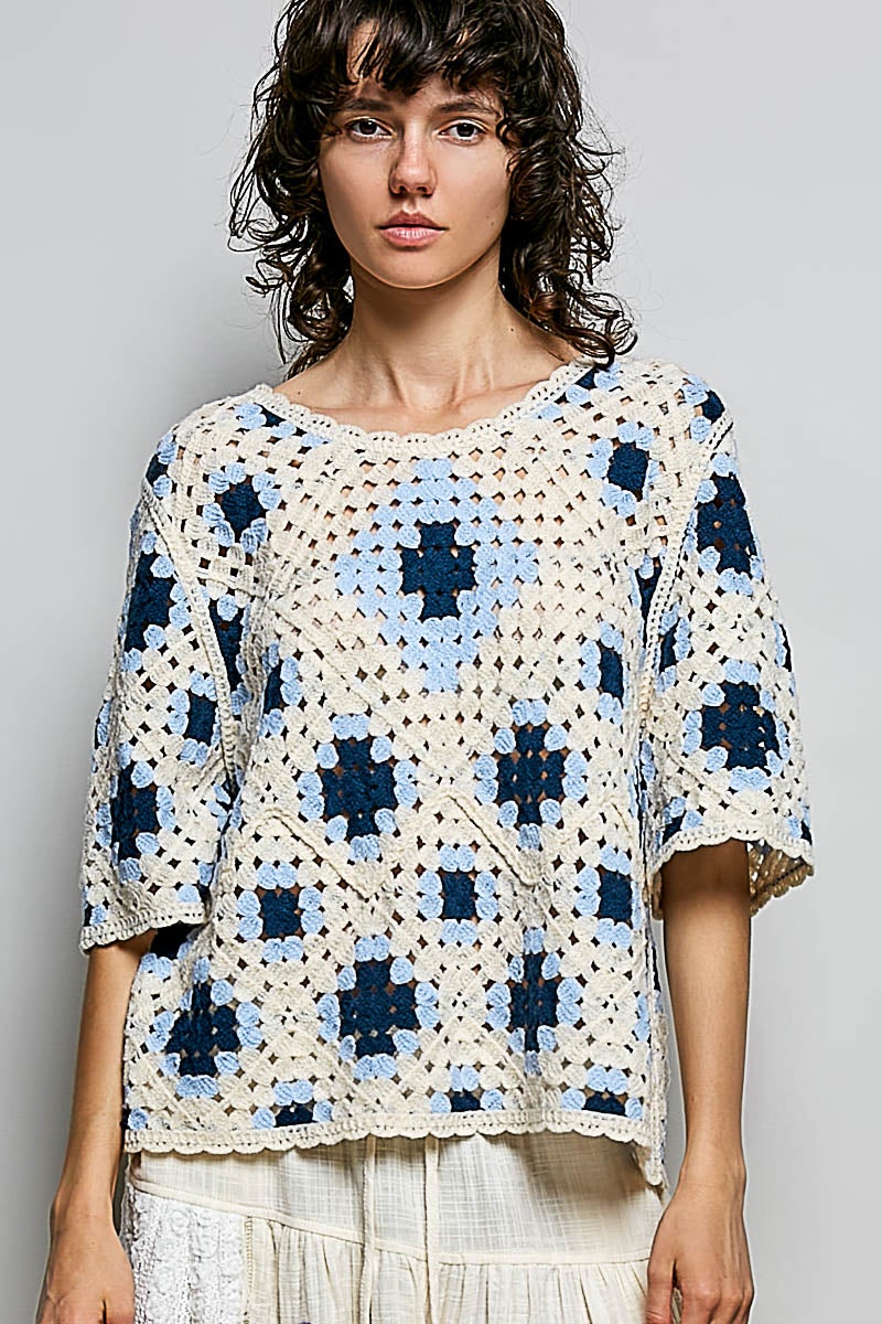 POL Round Neck Crochet Roomy Top In 2 Colors