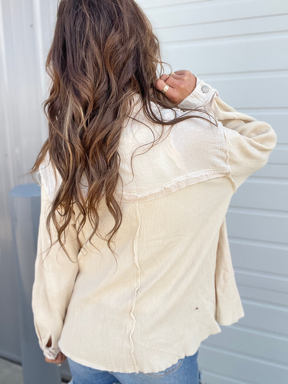 Pol Ready Set Go Thermal Knit And Gauze Button Front Shirt In 3 Colors: Ivory, Navy, Olive *Final Sale*