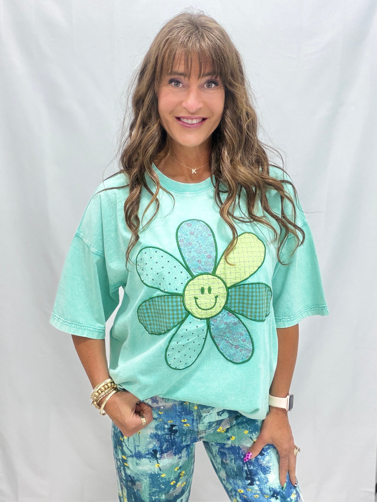 Take The Hint Floral Smiley Face Patch Top In 2 Colors