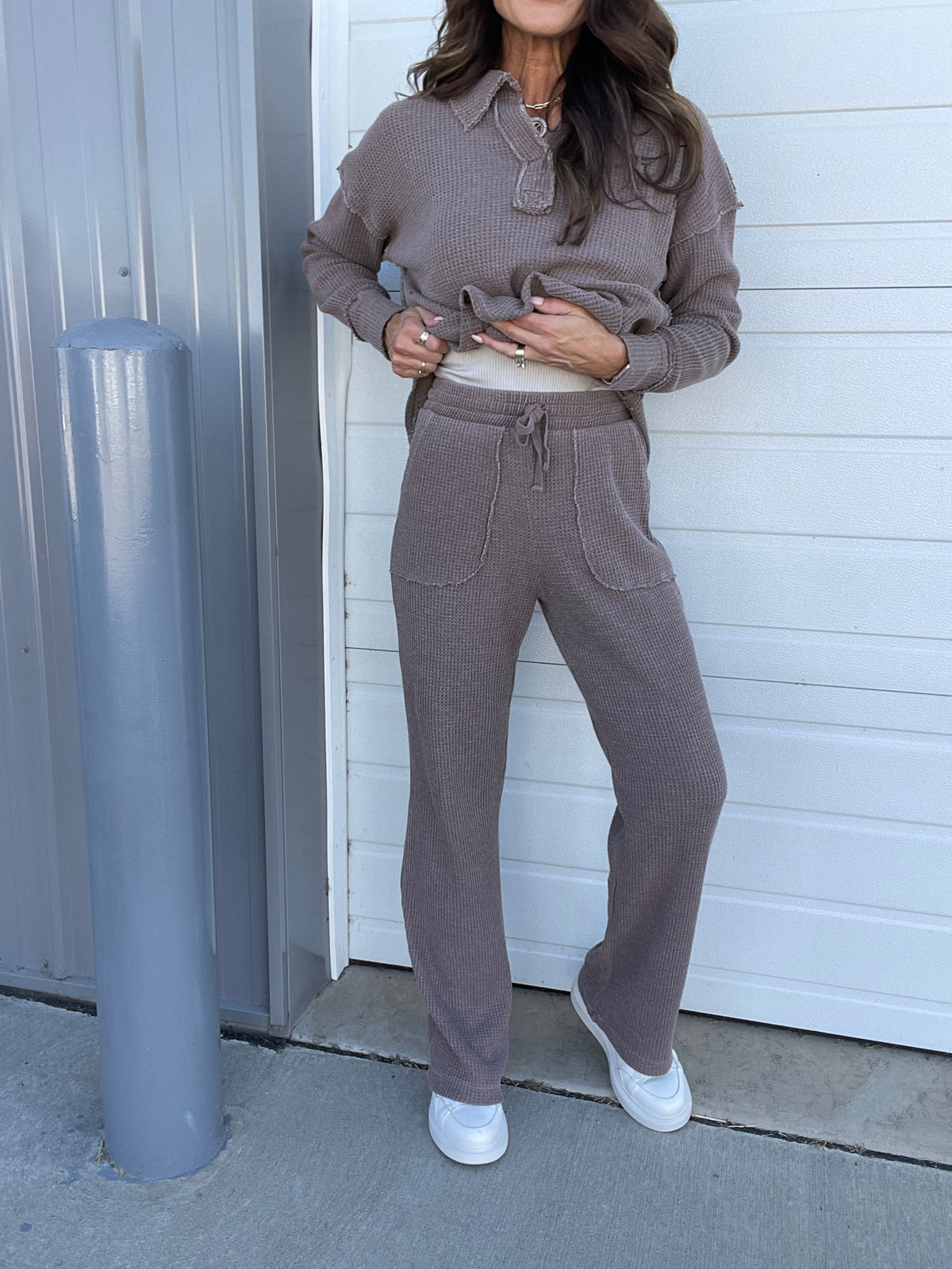 On To The Weekend Cotton Waffle Knit Straight Leg Casual Pants In 3 Colors: Black, Brown, Blue