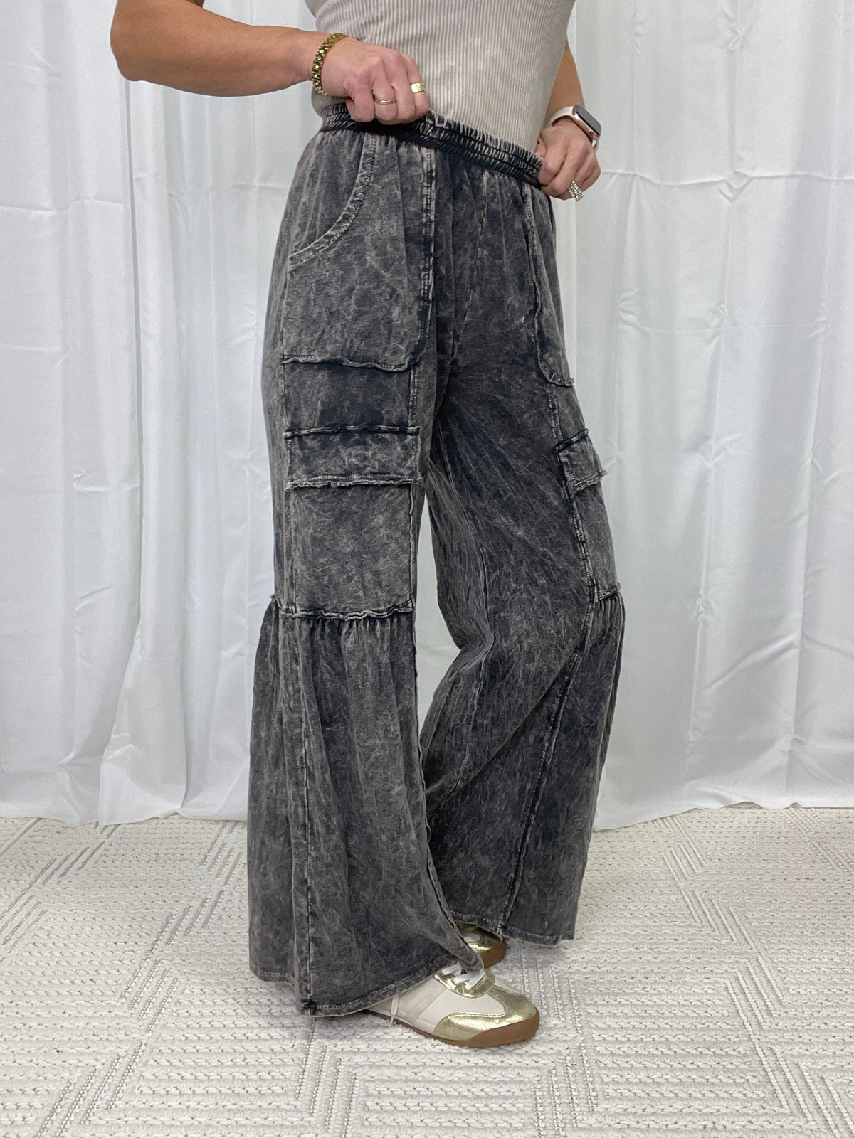 Living My Life Cargo Flare Pants In Ashed Black *Final Sale*