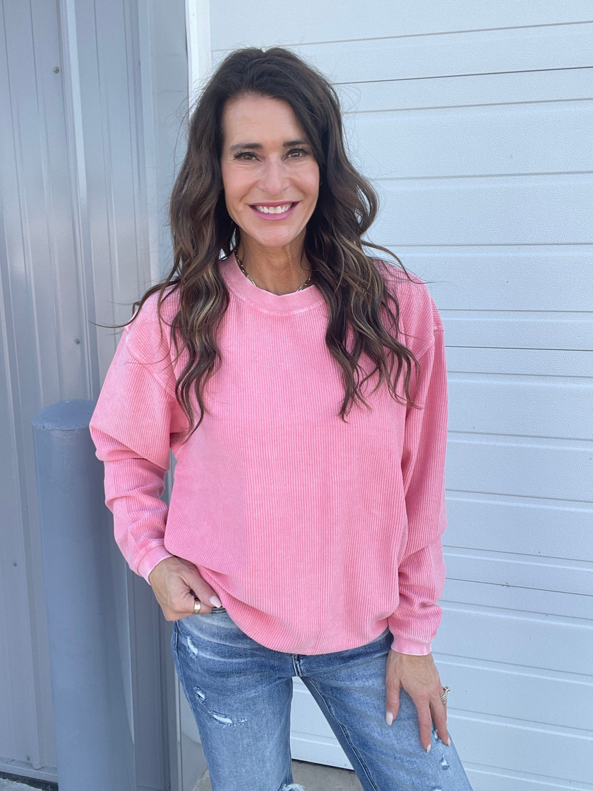 Seaside Pink Snow Washed Corded Crewneck Pullover Sweatshirt