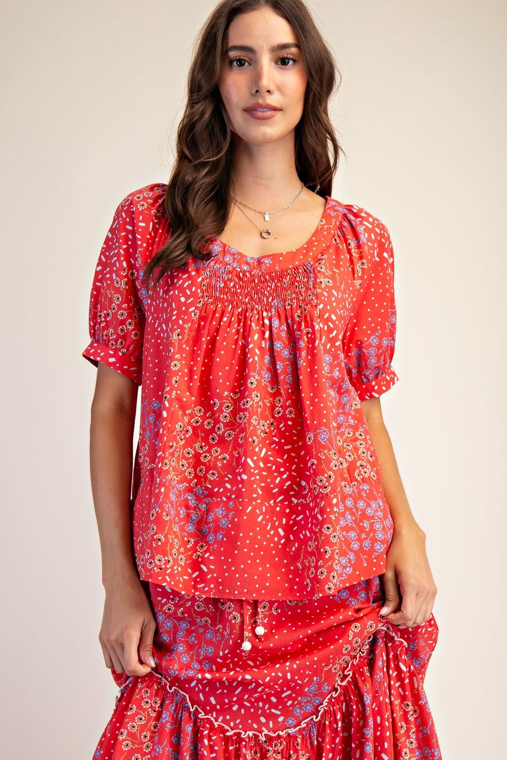 Printed Cotton-Lawn Woven Top In Red