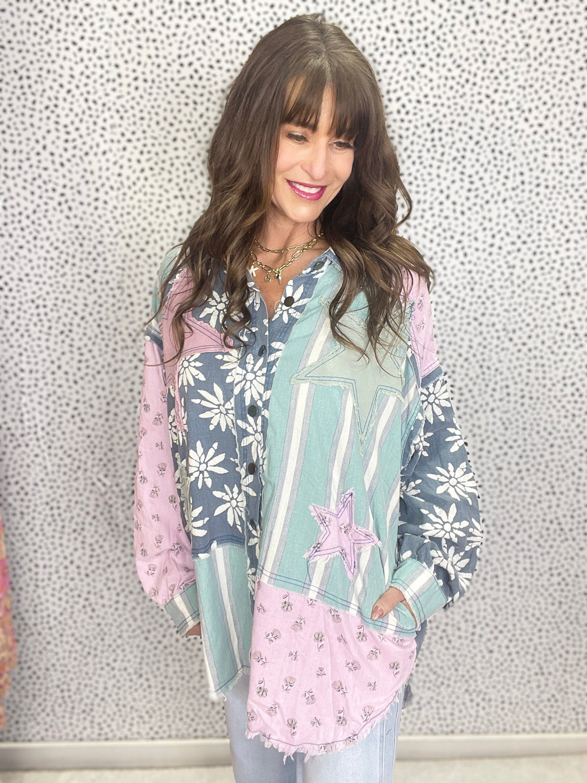 Lights, Camera, Action Star Patch Button Down Top In Denim *Final Sale*