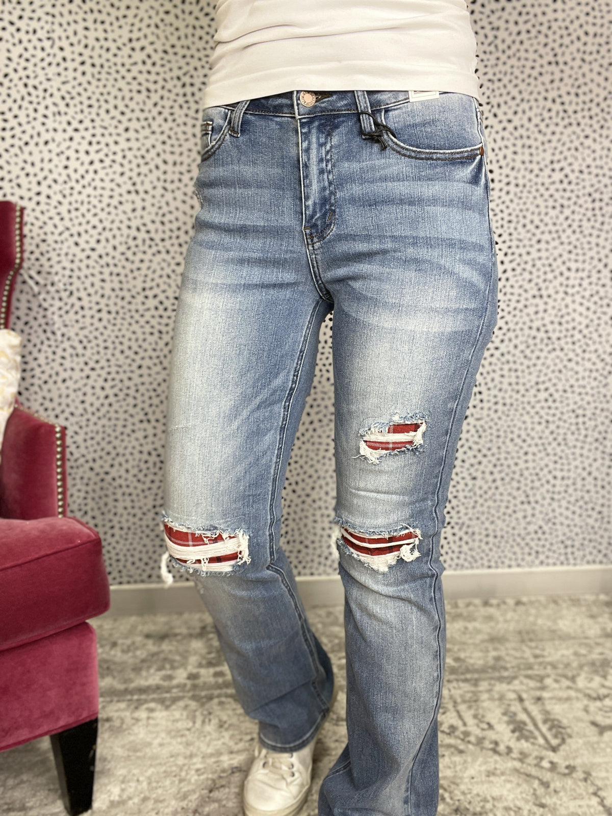 Judy Blue Holly Plaid Patch Boot Cut Jeans 696