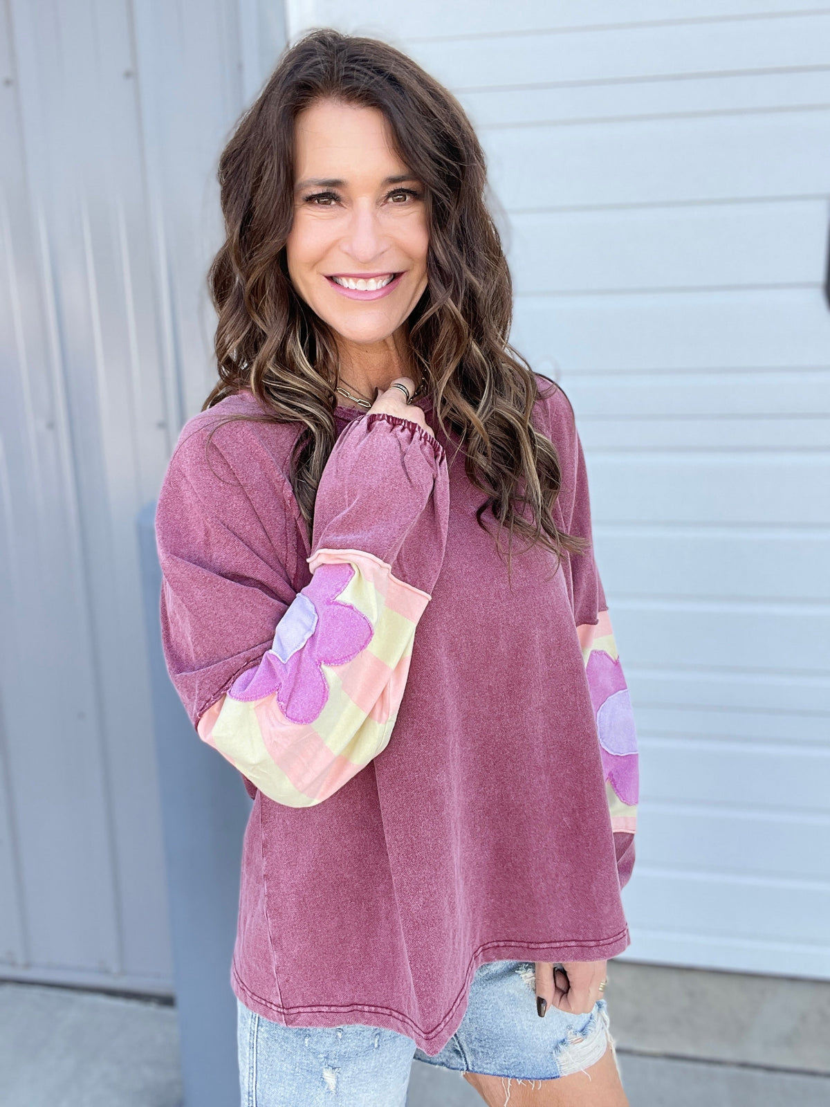 Faded Floral Patch Terry Knit Mineral Washed Long Sleeve Pullover in 4 Colors