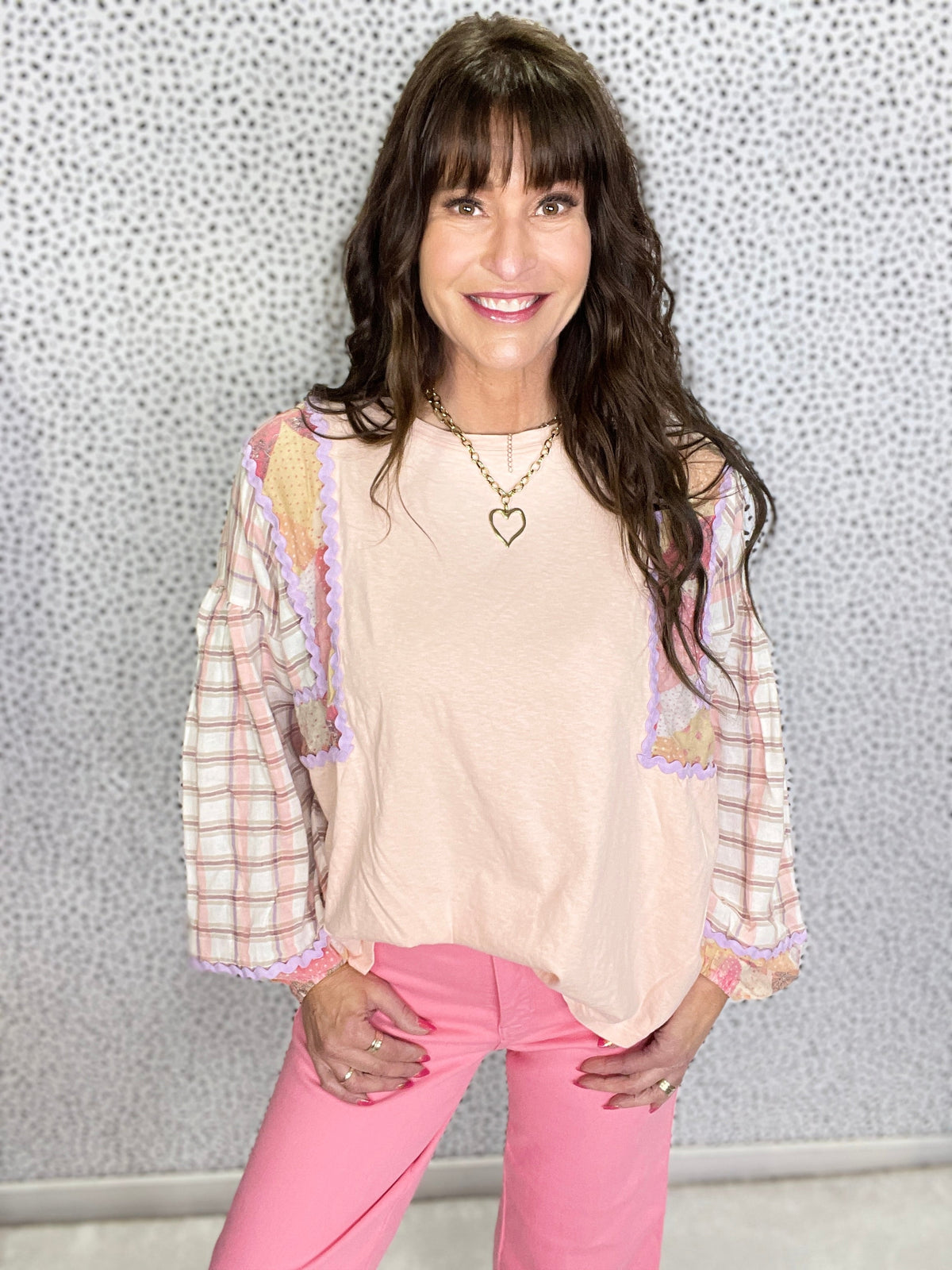 Work And Play All Day Long Sleeve Print Mix Top In 2 Colors