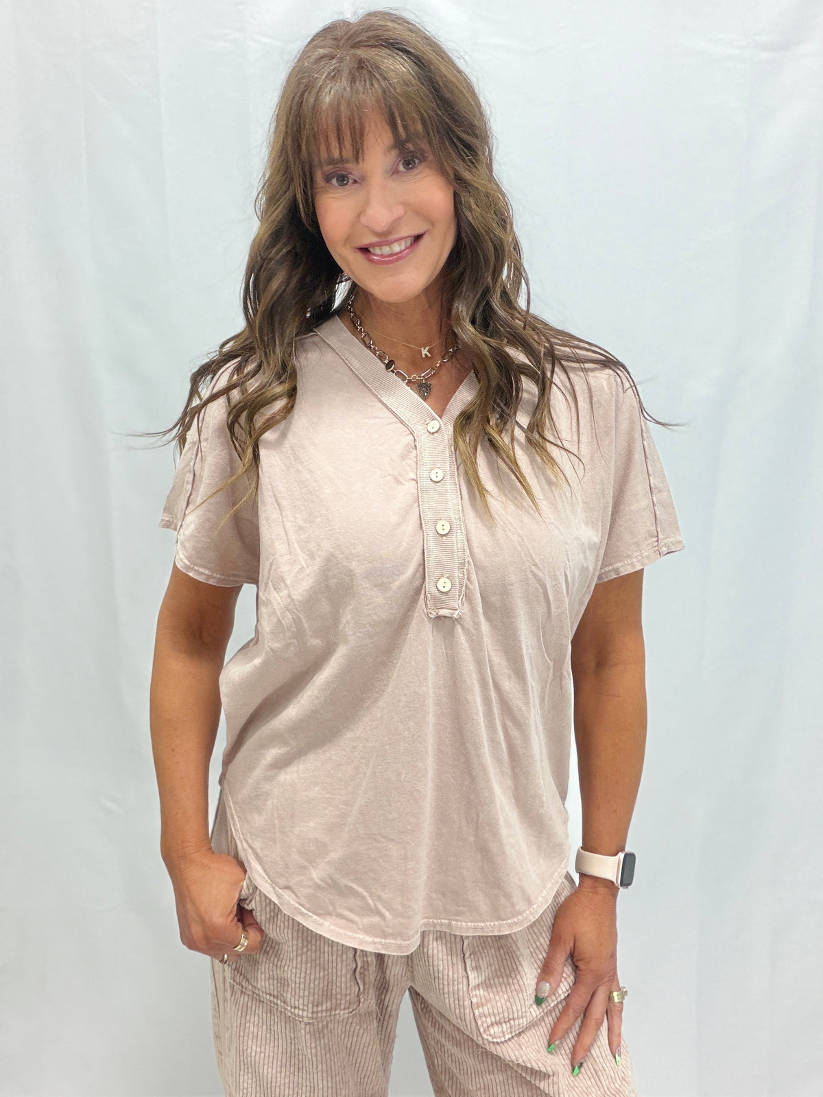 So Effortless V-Neck Button Detail Top In 4 Colors