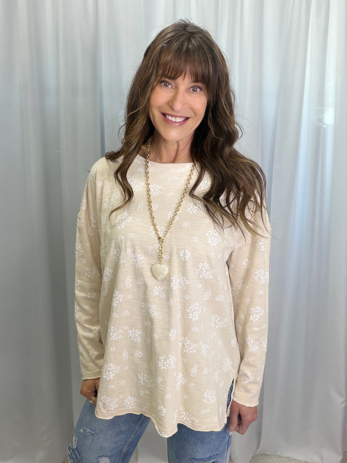 Floral Printed Slub Top In Natural