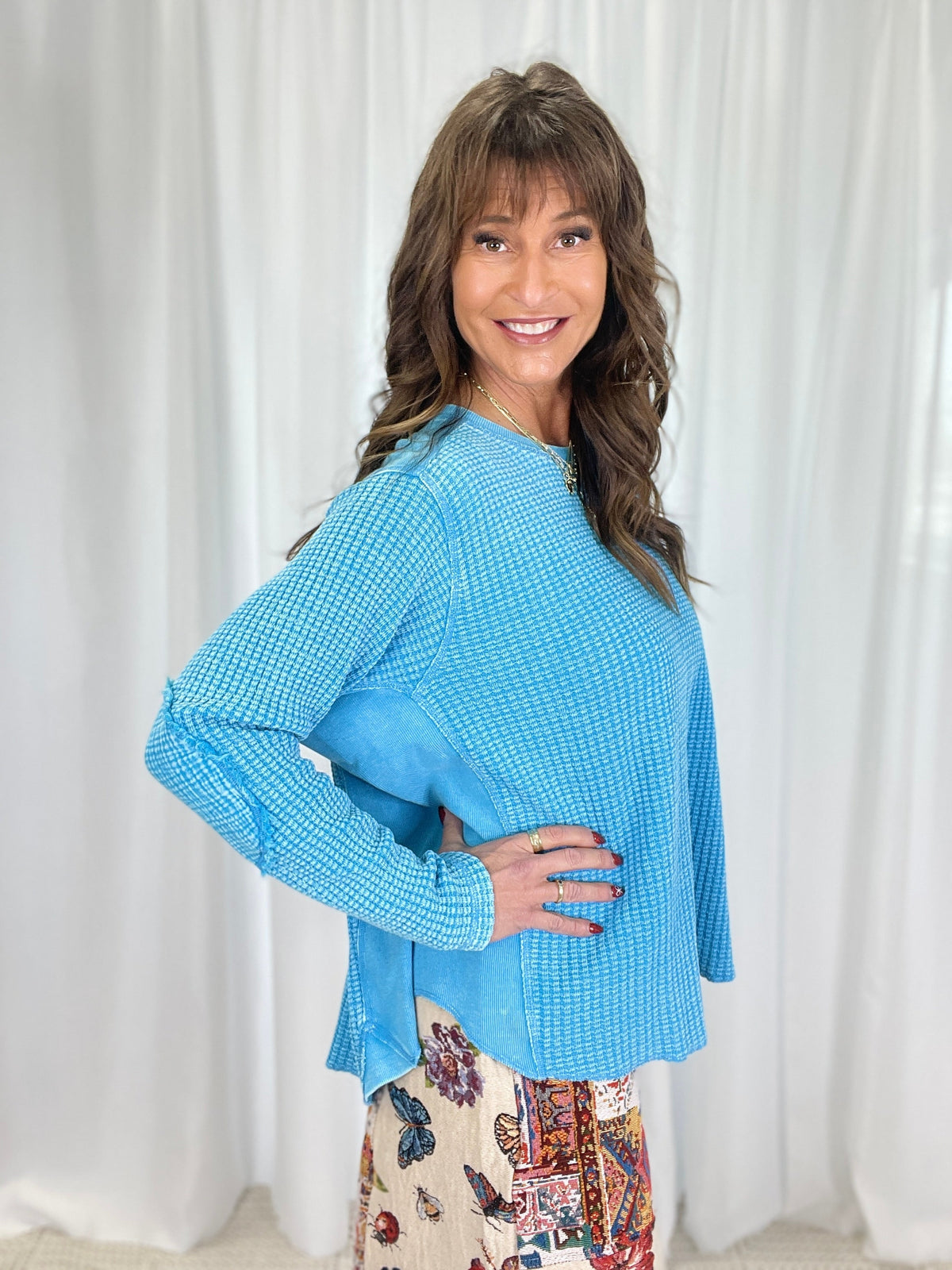 Easy Days Waffle Knit Top In Blue