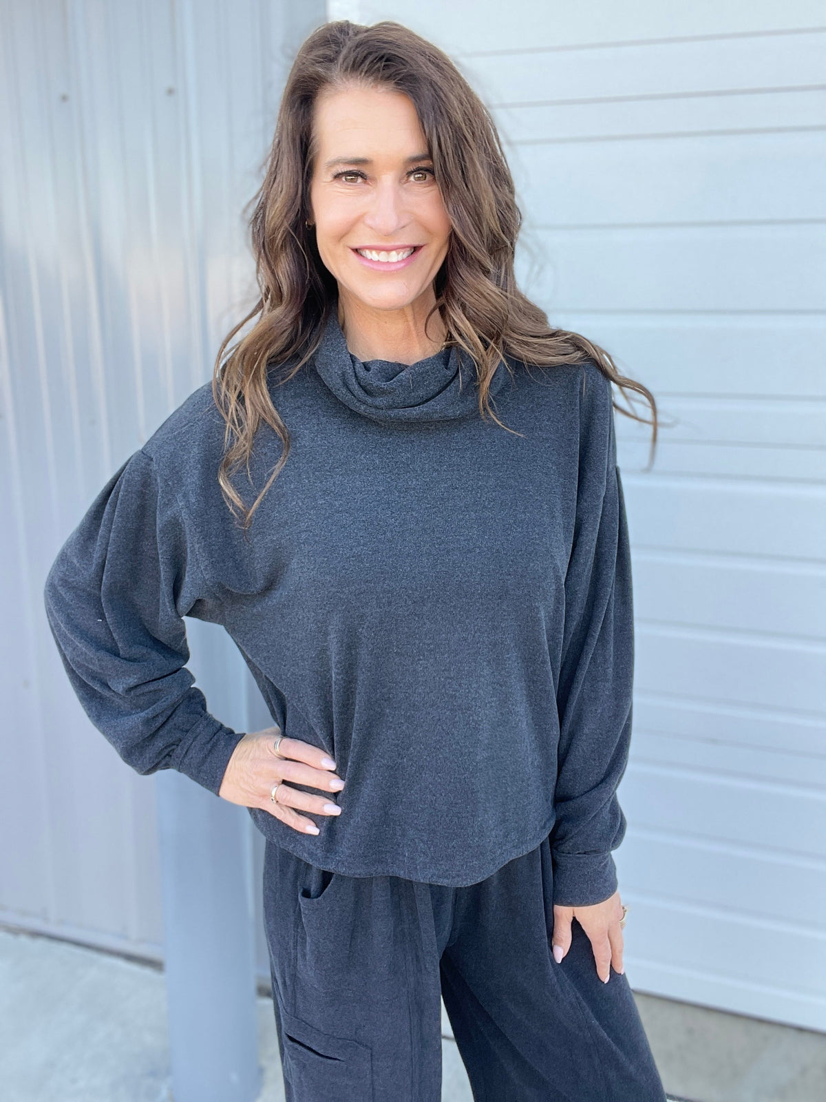 Moving On Brushed Hacci Top In 3 Colors: Charcoal, Cinnamon, Teal *Final Sale*