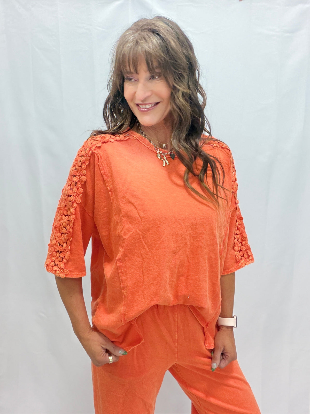 Petal Pusher Mineral Washed Flower Trim Lounge Top In 4 Colors