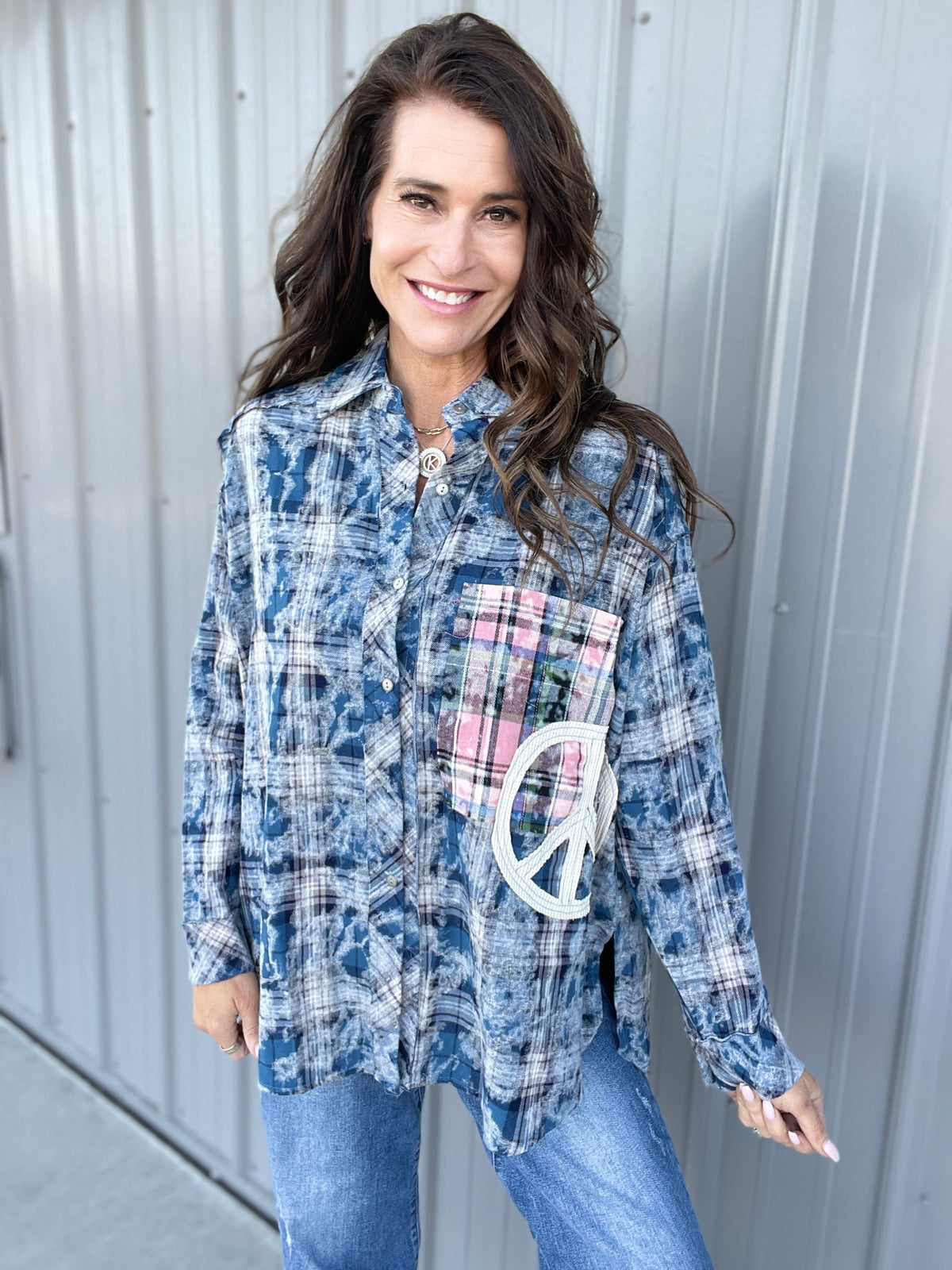 POL Groovy Grid Long Sleeve Plaid Cotton Button Up Top In 2 Colors: Blue, Pink *Final Sale*
