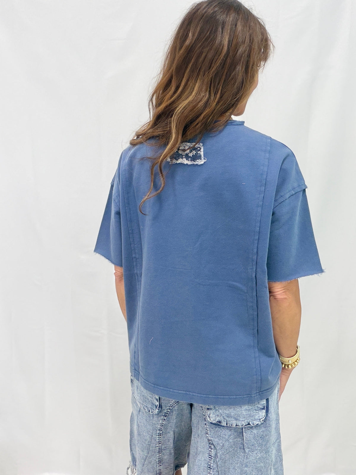 Down For The Chase Floral Patch Top In Denim