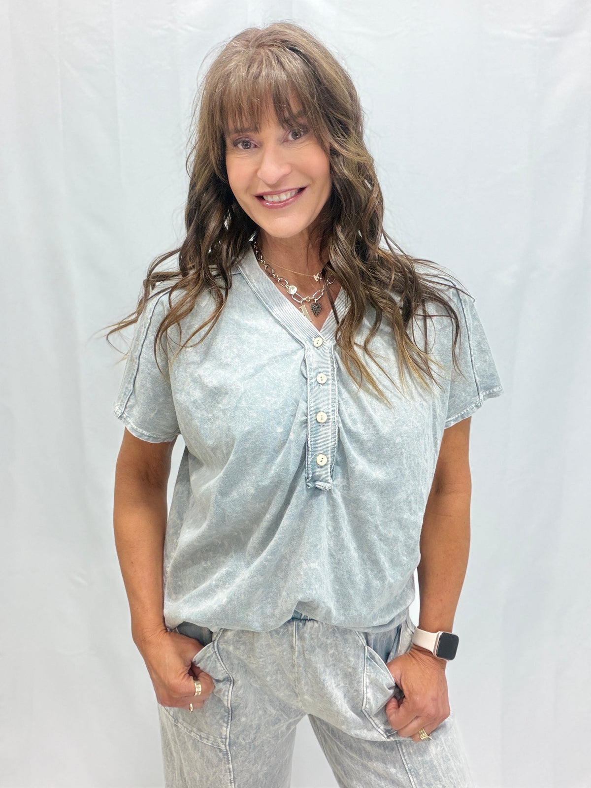 So Effortless V-Neck Button Detail Top In 4 Colors