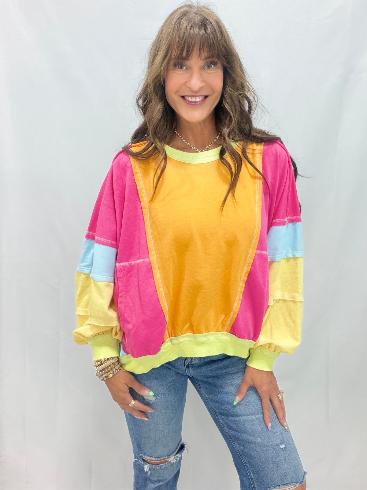 Comfy Babe Multi Color Yellow, Pink, Lime Raw Edge Terry Knit Pullover *Final Sale*
