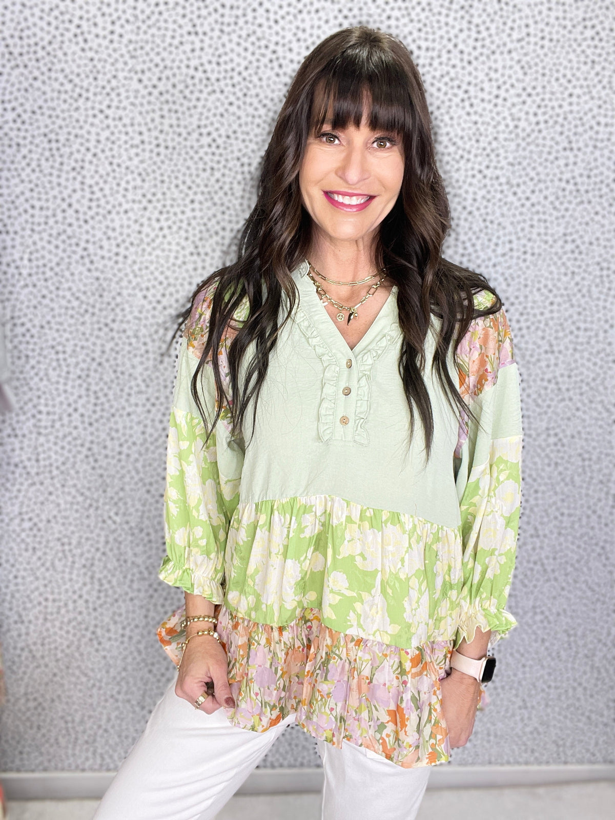 Better Believe It Print Mix Tiered Top In 2 Colors *Final Sale*