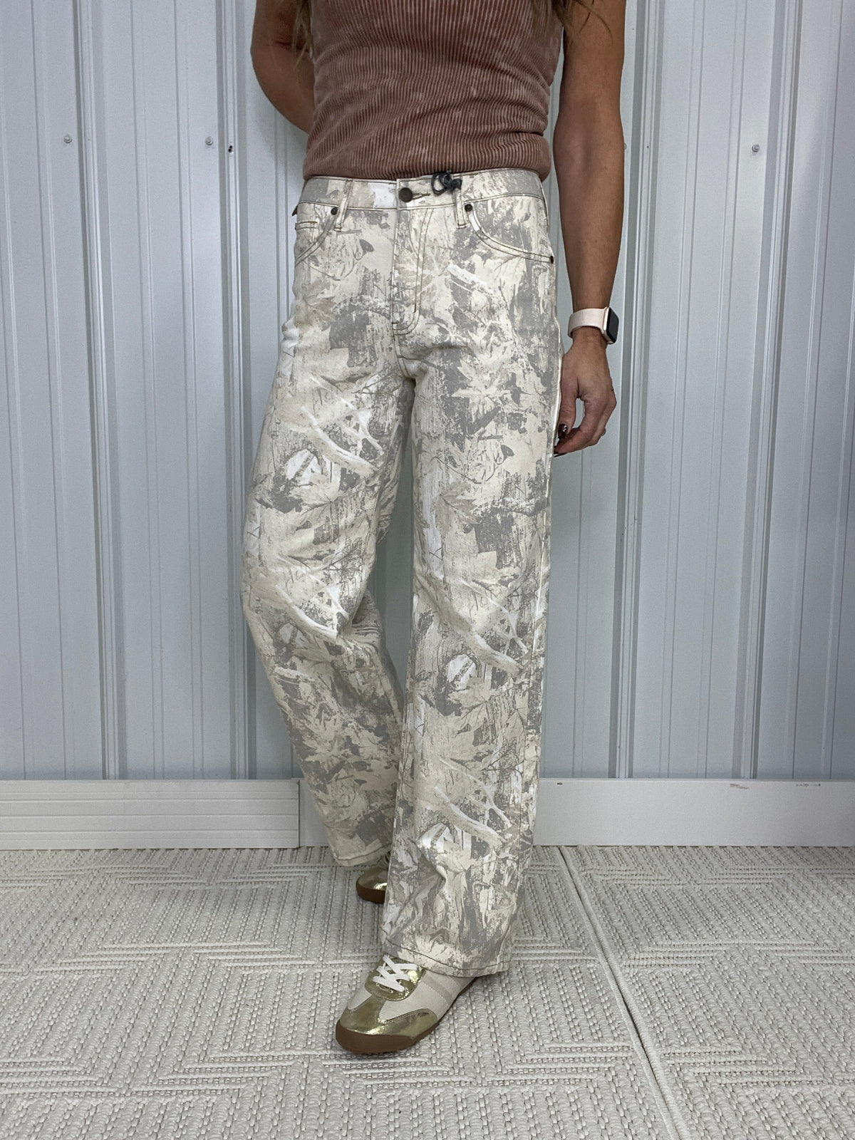 Amelie Mid Rise Light Camo Wide Straight Leg Jeans 196