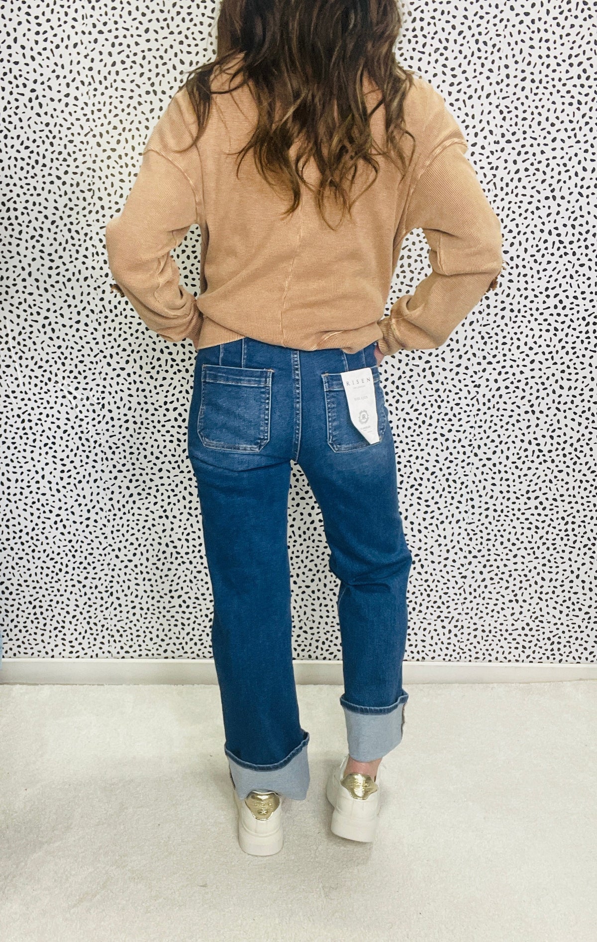 Risen Cindy High Rise Wide Bottom Button Down Front Patch Pocket Cuffed Jeans 965