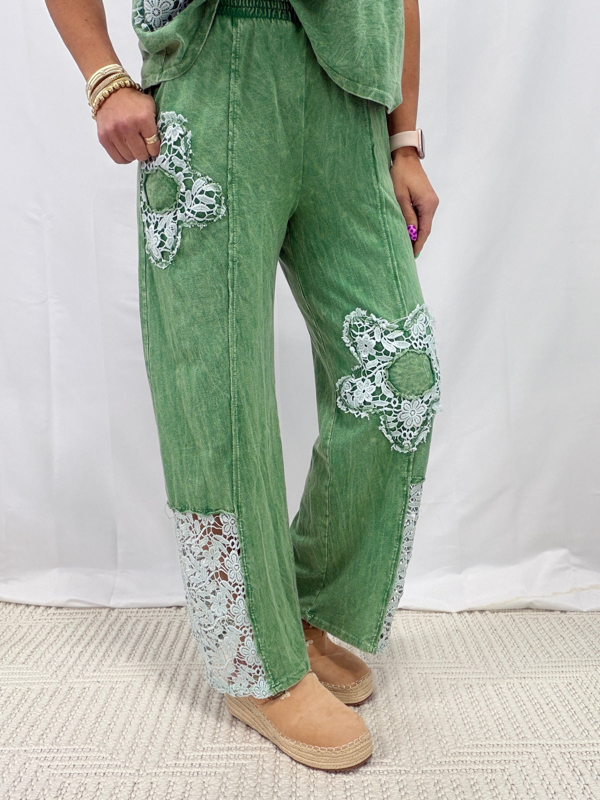 Floral Fun Crochet Patched Pants In 4 Colors