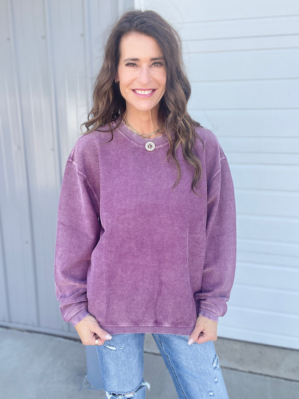 Italian Plum Snow Washed Corded Crewneck Pullover Sweatshirt