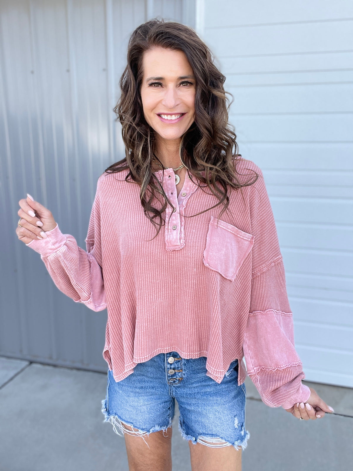 Step Right Up Thermal Mix Top In 3 Colors: Brown, Rose, Khaki *Final Sale*