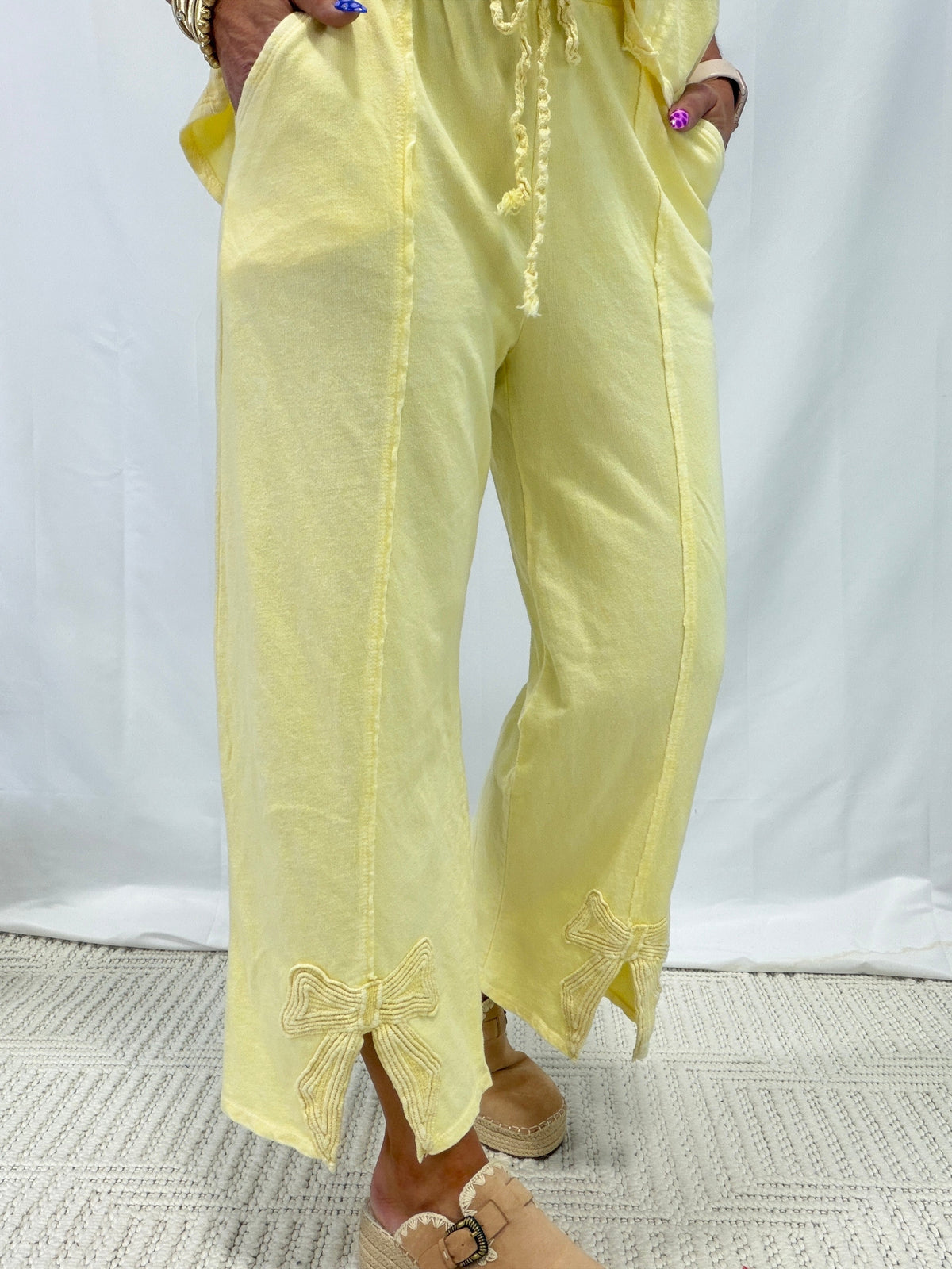 Charmed By Bows Mineral Washed Slit Pants In 6 Colors