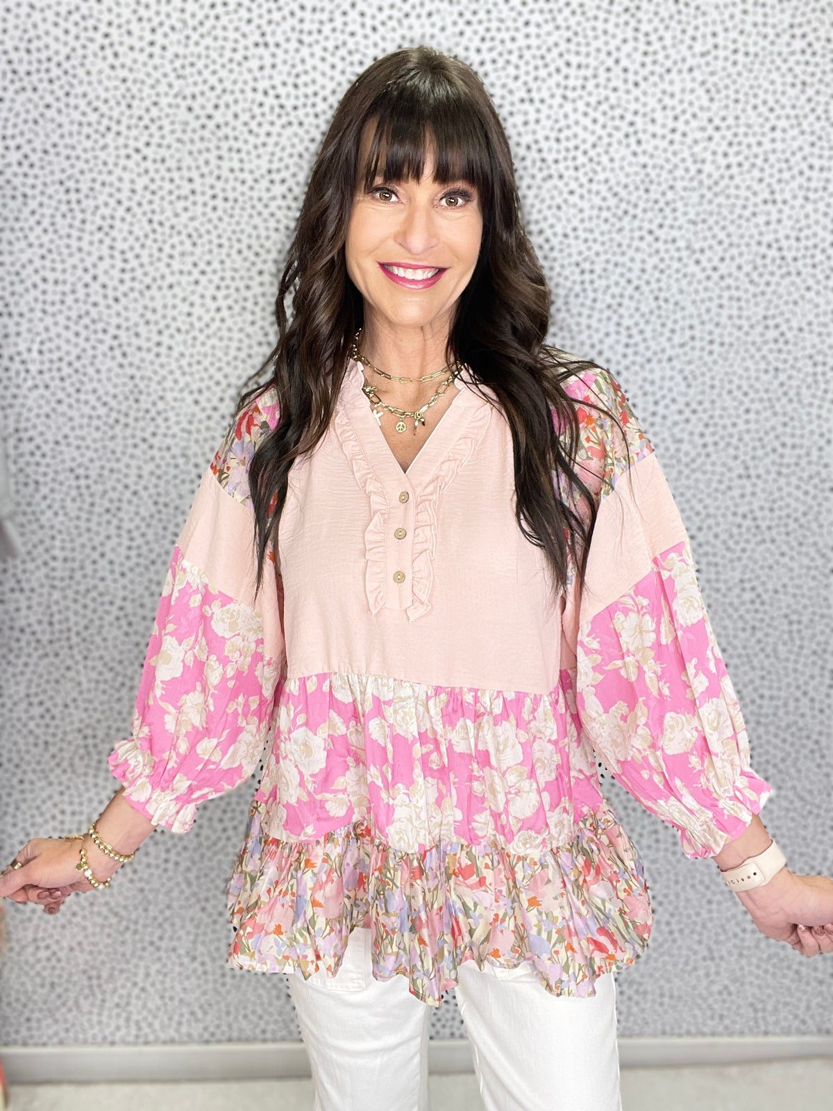 Better Believe It Print Mix Tiered Top In 2 Colors *Final Sale*