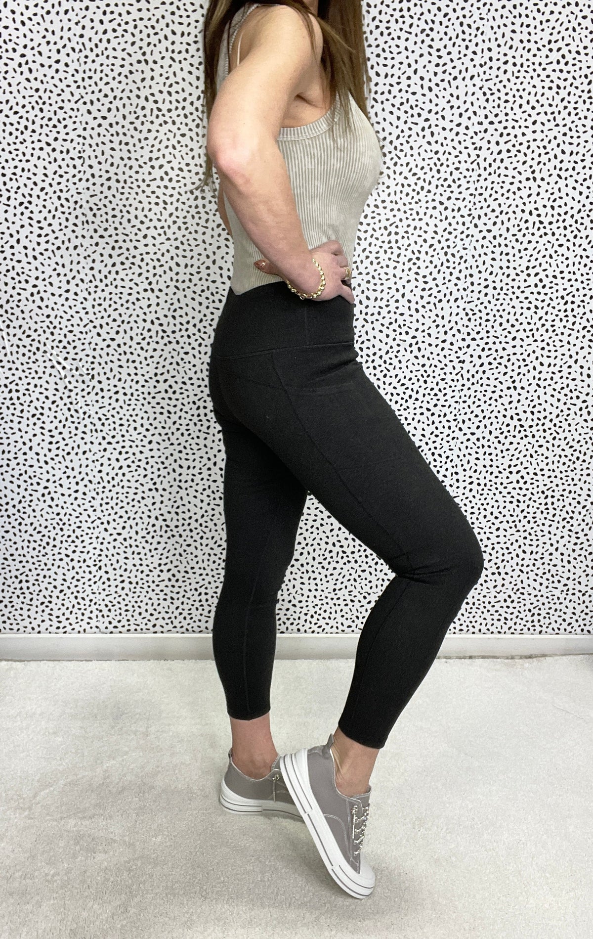 Luxi Ribbed Brushed Full Length Leggings With Side Pockets in Charcoal Black *Final Sale*