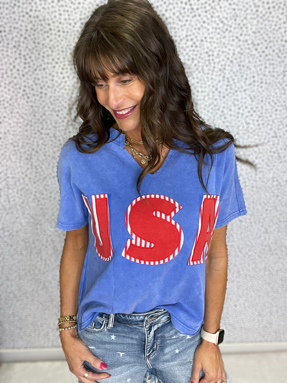 Gracie P Sky Blue USA Patch Mineral Wash Notch V Neck Vintage Graphic T Shirt