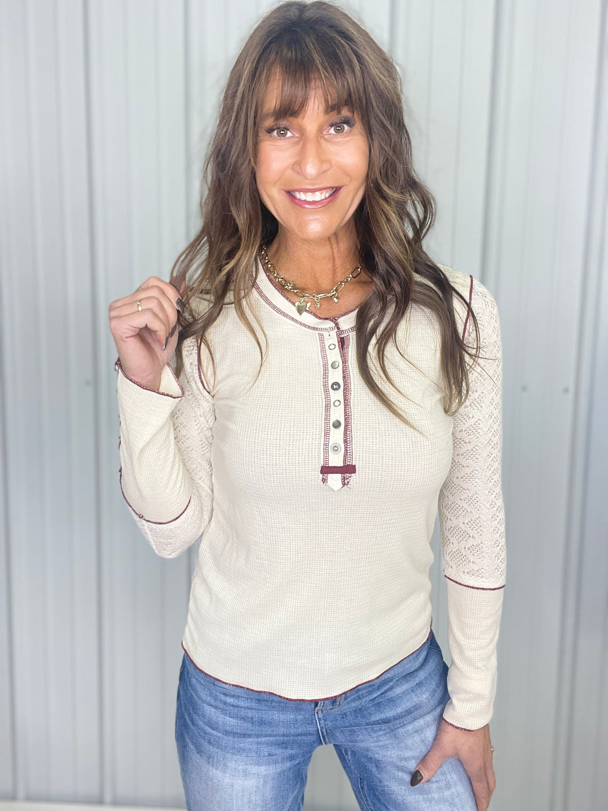 Pol Rustic Lace Henley in 2 Colors