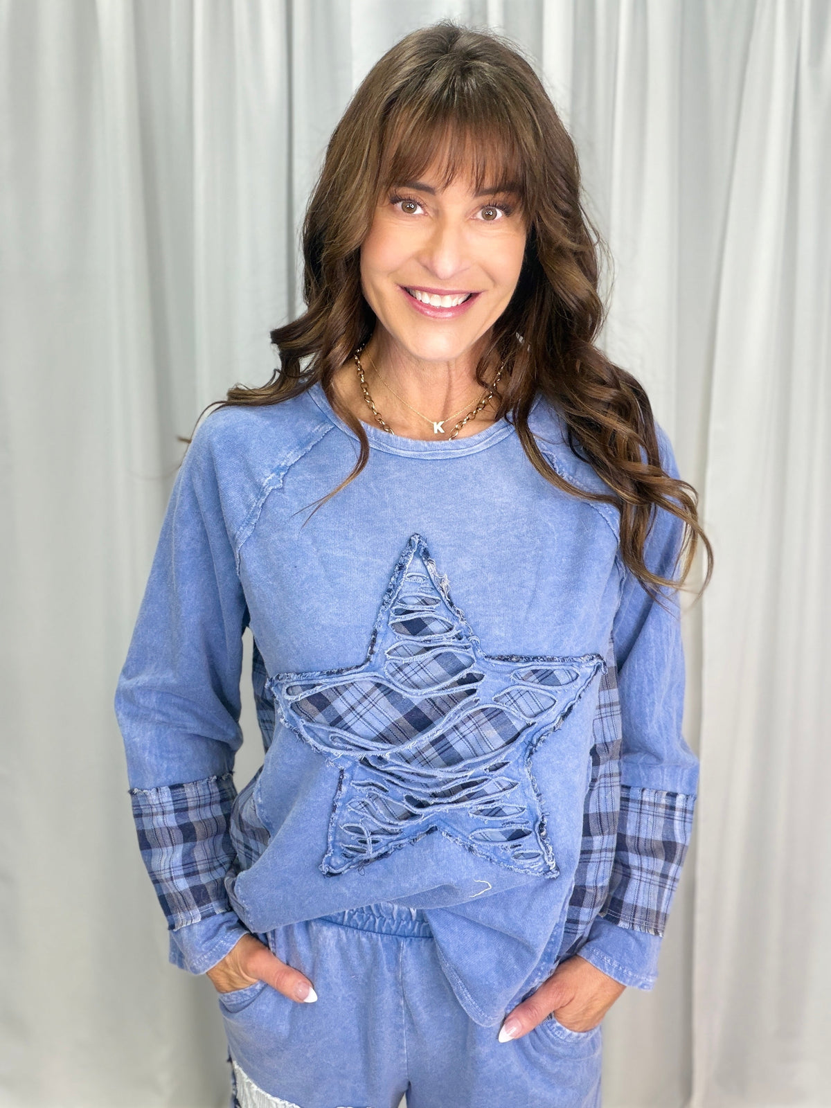 Distressed Star Patch Top In Denim Blue *Final Sale*