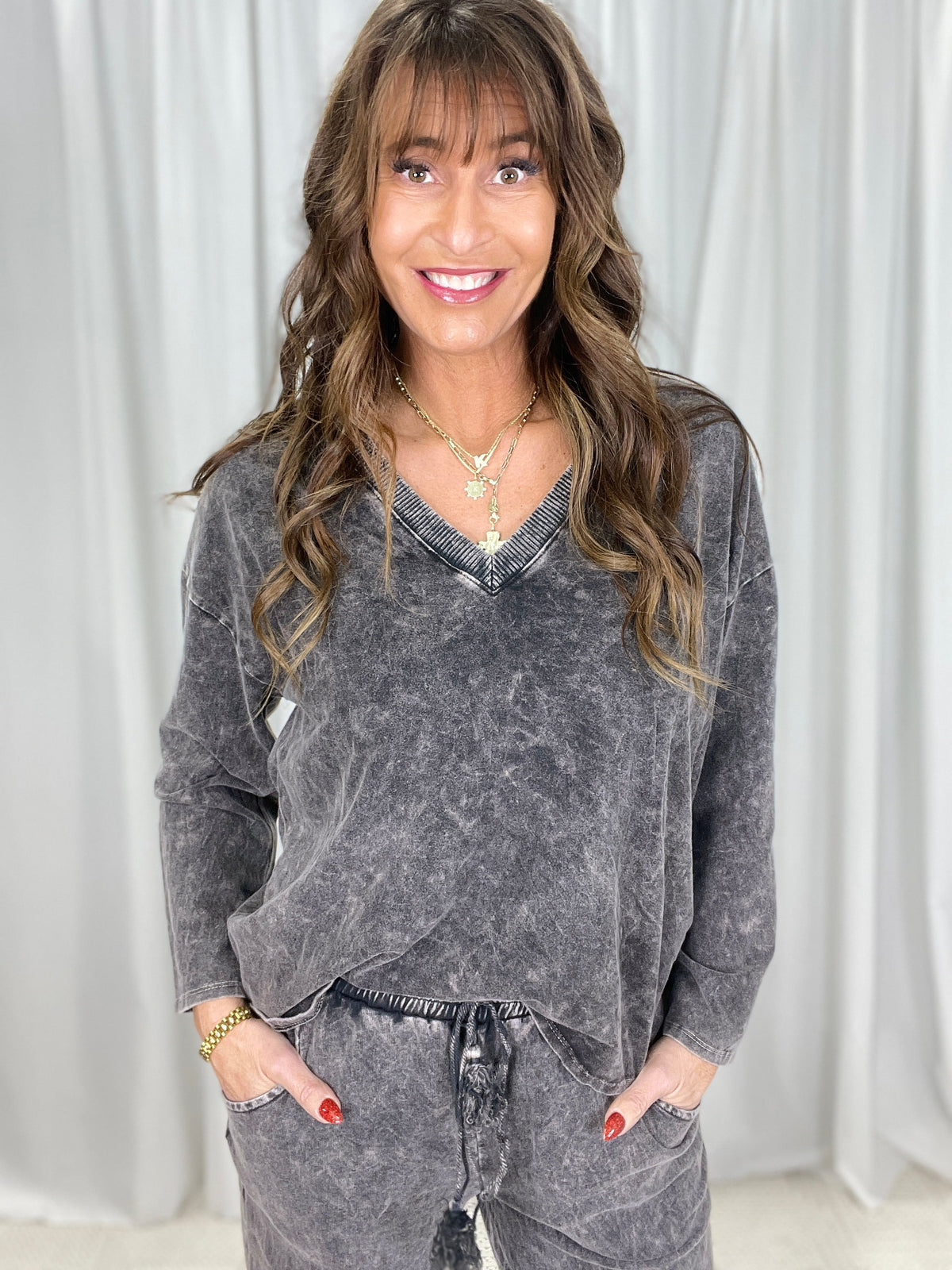 Down The Line V-Neck Long Sleeve Top In 11 Colors