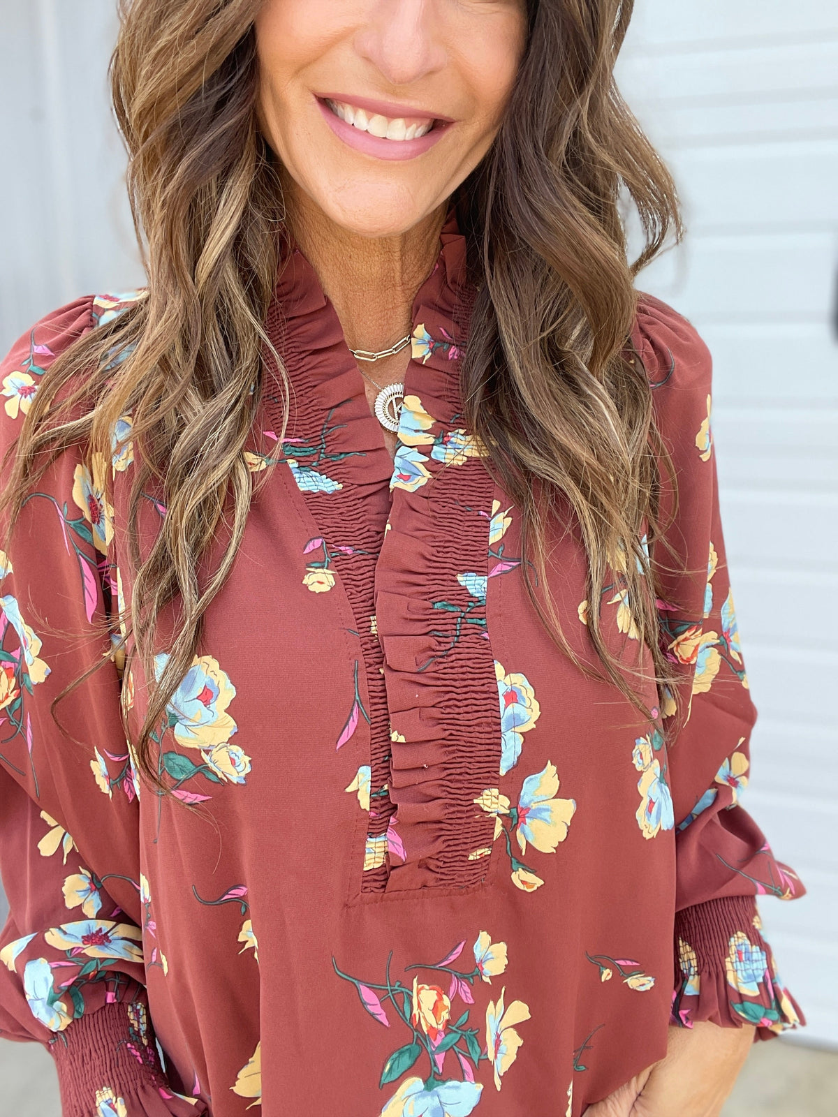 Beautiful Bliss Printed Woven Blouse In 2 Colors: Rose, Expresso *Final Sale*