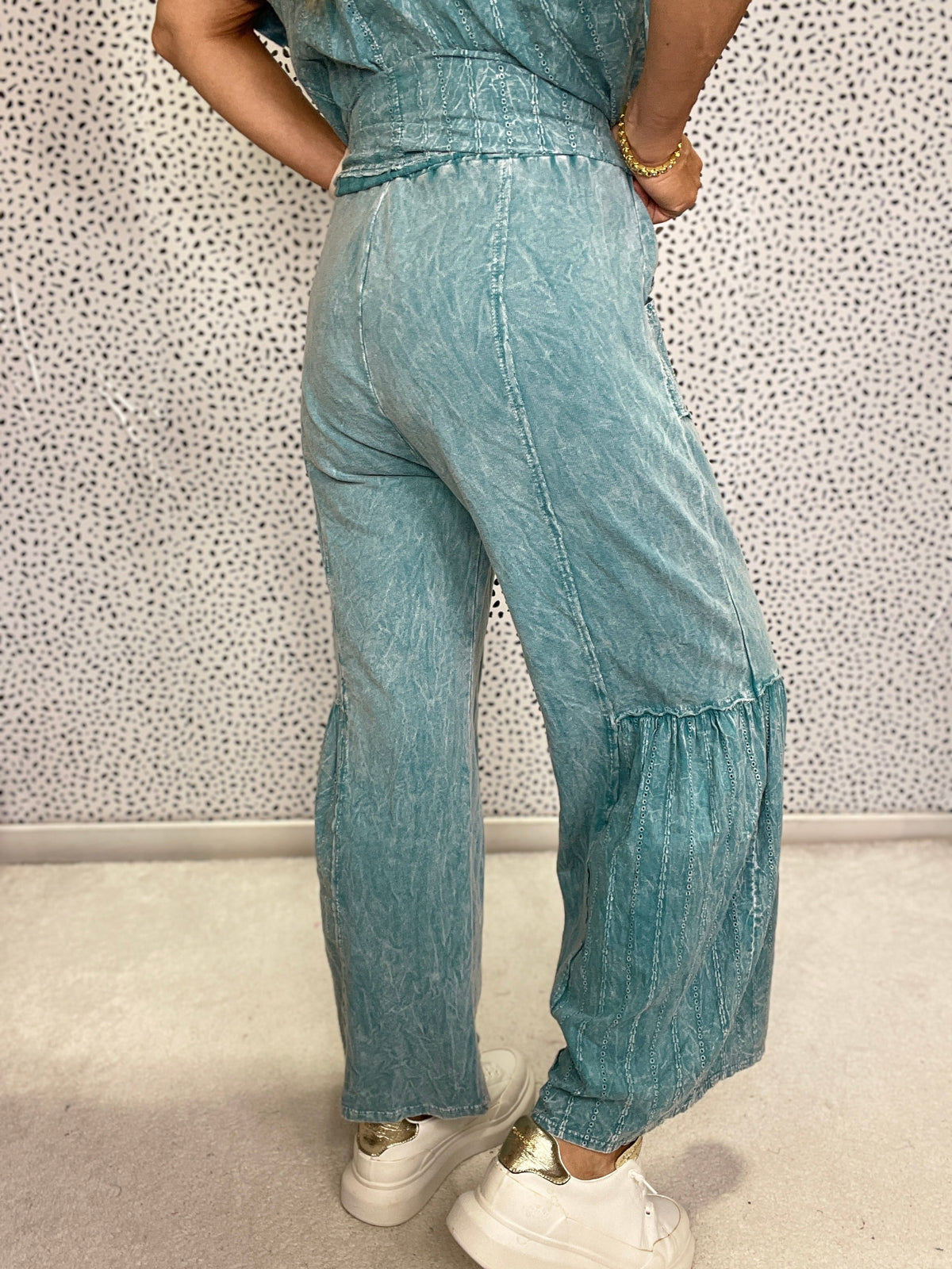Mineral Washed Floral Eyelet Tiered Wide Leg Pants in 2 Colors *Final Sale*