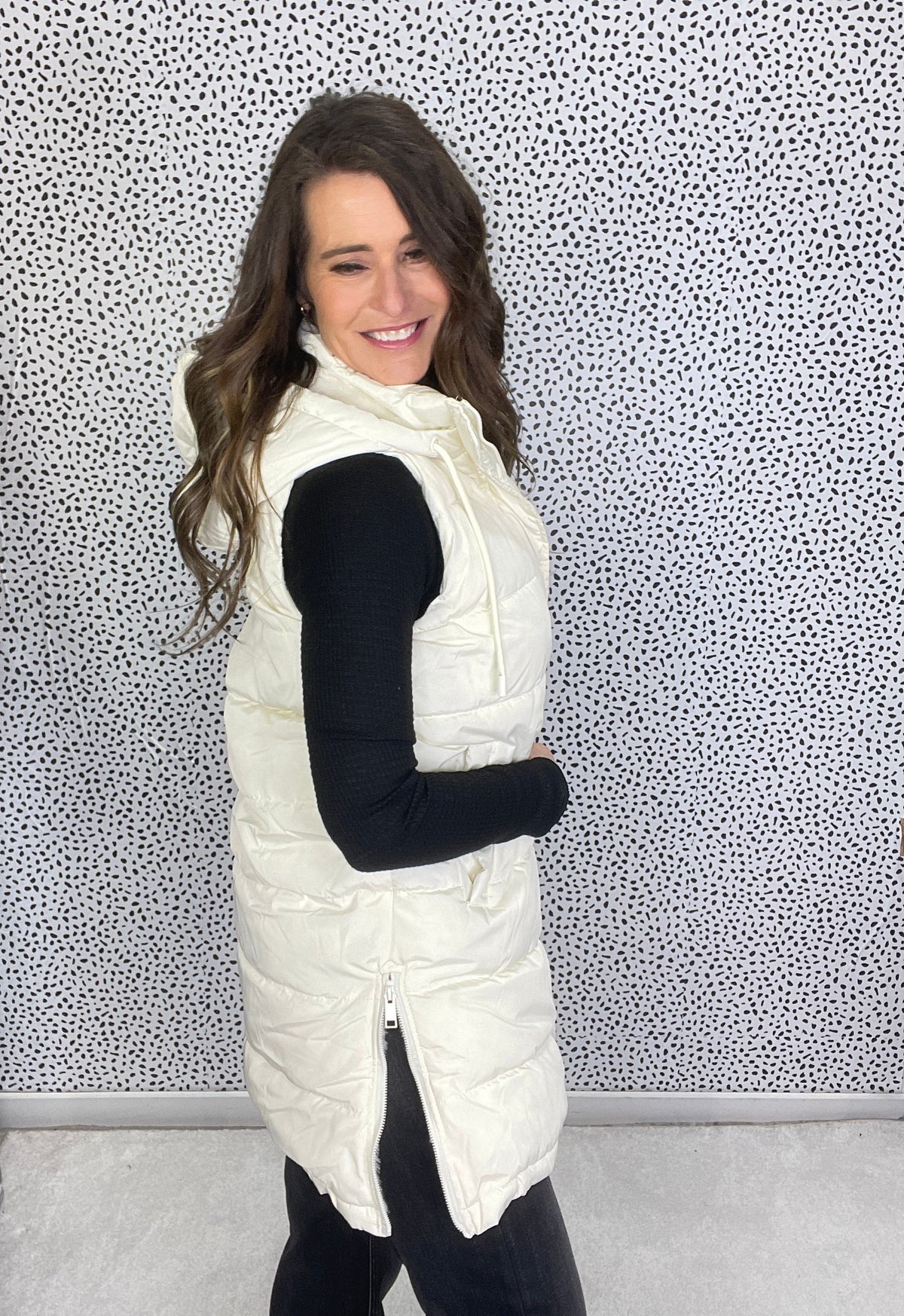 Follow Me Long Puffer Hooded Lined Vest In Ivory *Final Sale*