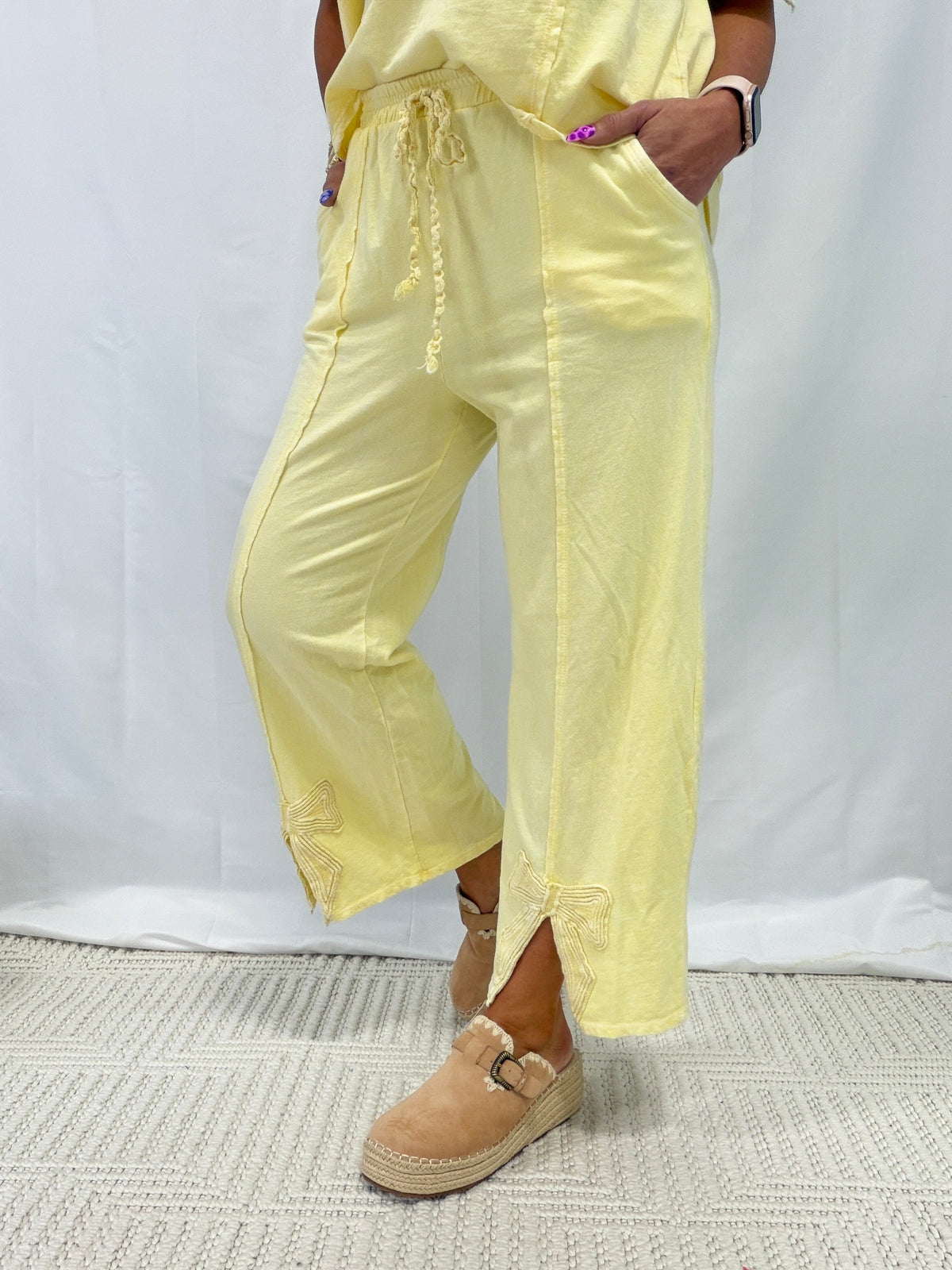Charmed By Bows Mineral Washed Slit Pants In 6 Colors