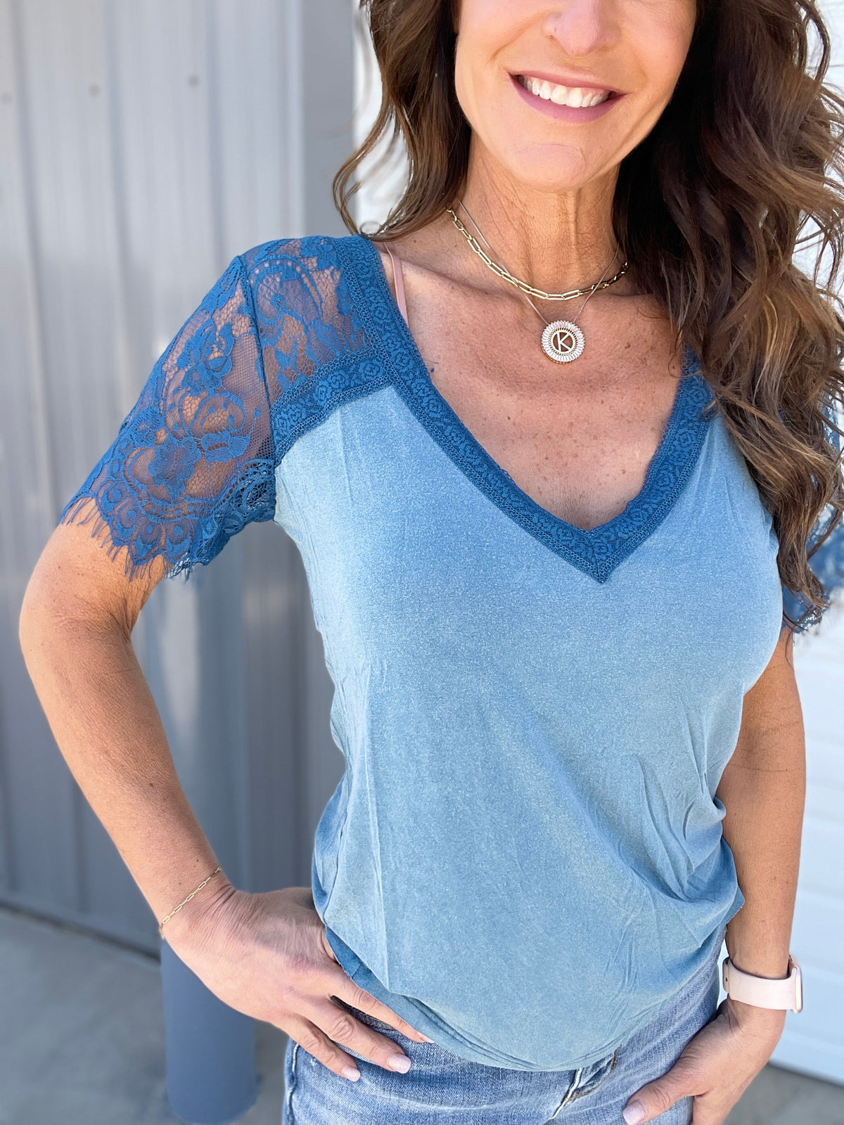 Pol Great Sweetness Lace Short Sleeve V Neck Knit Top In 4 Colors