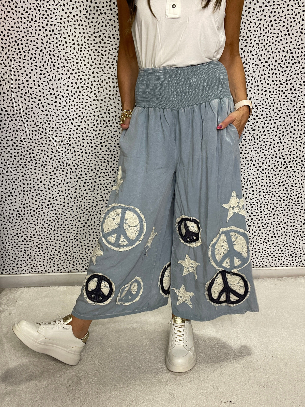 Oli & Hali Infinite Peace Washed Smocked Patchwork Pants In 2 Colors *Final Sale*